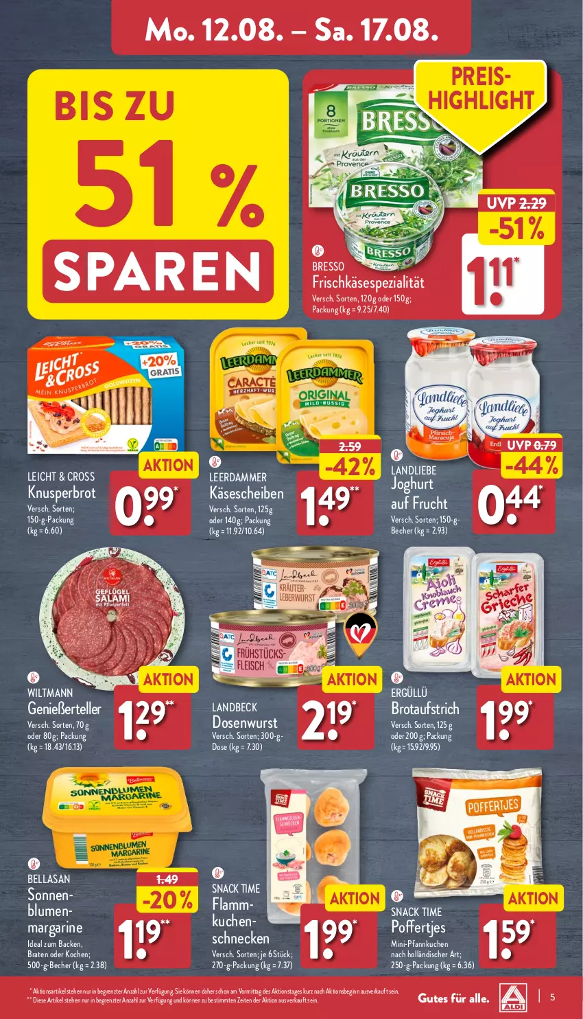 Aktueller Prospekt Aldi Nord - Von Montag - von 12.08 bis 17.08.2024 - strona 5 - produkty: aufstrich, Becher, blume, blumen, braten, bresso, brot, brotaufstrich, Dosenwurst, eis, elle, flammkuchen, frischkäse, frucht, gin, joghur, joghurt, Käse, käsescheiben, kuchen, lamm, landliebe, landliebe joghurt, leerdammer, margarine, Pfannkuchen, Poffertjes, reis, snack, snack time, Spezi, teller, Ti, wiltmann, wurst, ZTE