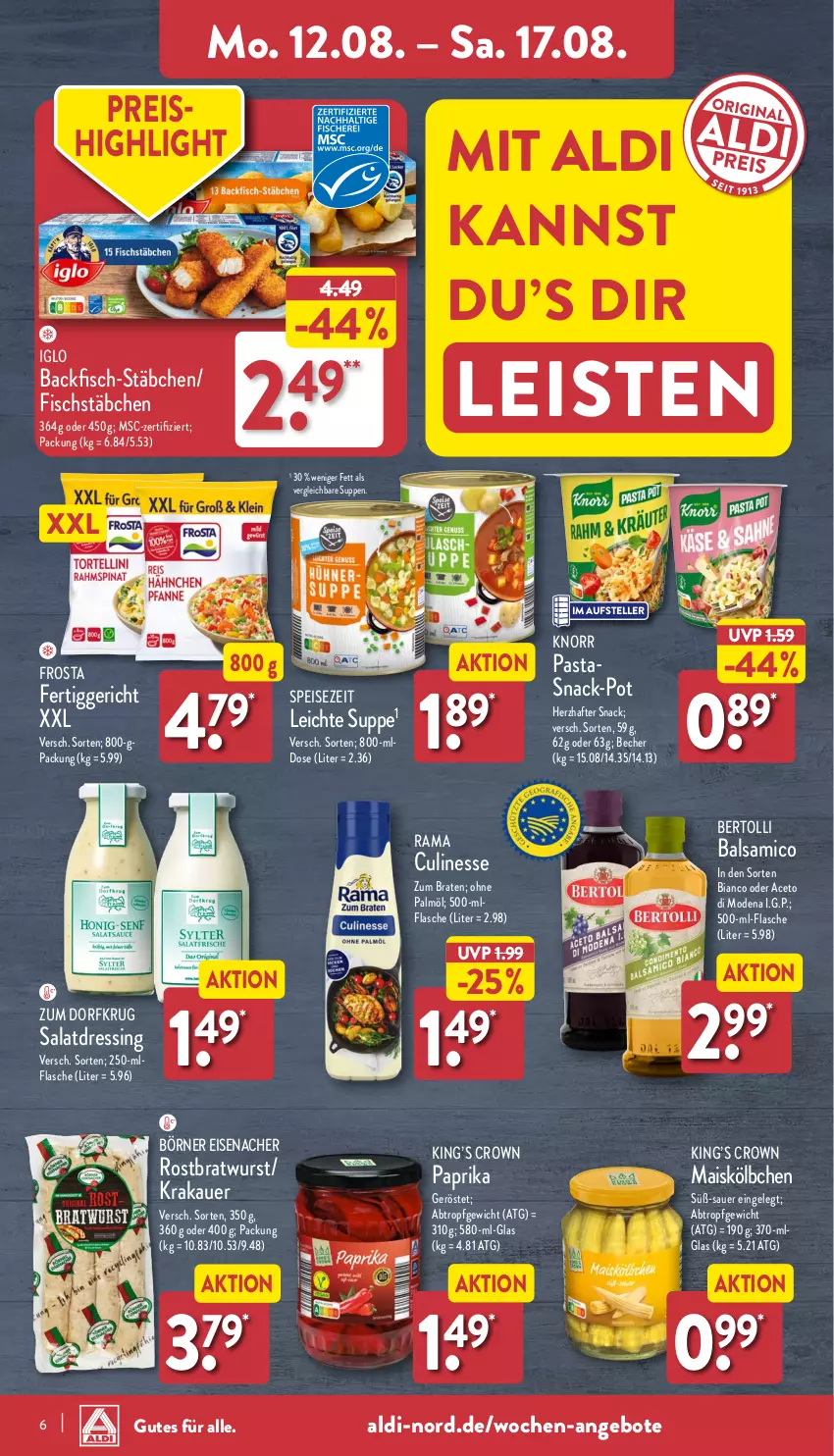 Aktueller Prospekt Aldi Nord - Von Montag - von 12.08 bis 17.08.2024 - strona 6 - produkty: aceto, aldi, angebot, angebote, auer, backfisch, balsam, balsamico, Becher, bertolli, braten, bratwurst, culinesse, dressing, eis, elle, fertiggericht, fisch, fischstäbchen, flasche, frosta, iglo, knorr, krakauer, LG, mais, Mode, ohne palmöl, paprika, pasta, rama, reis, salat, salatdressing, snack, suppe, suppen, teller, Ti, wurst, Zum Dorfkrug