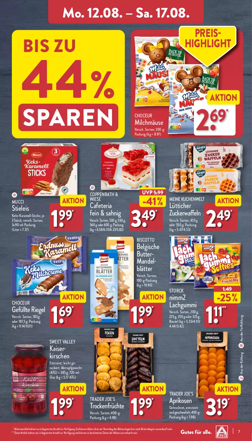 Aktueller Prospekt Aldi Nord - Von Montag - von 12.08 bis 17.08.2024 - strona 7 - produkty: aprikose, aprikosen, aus der tiefkühlung, beutel, biscotto, butter, coppenrath, eis, früchte, gin, Kaiser, karamell, keks, kirsch, kirsche, kirschen, kuchen, lachgummi, LG, mandel, milch, nimm2, reis, Ria, riegel, stieleis, storck, Ti, Trockenfrüchte, waffeln, ZTE, zucker