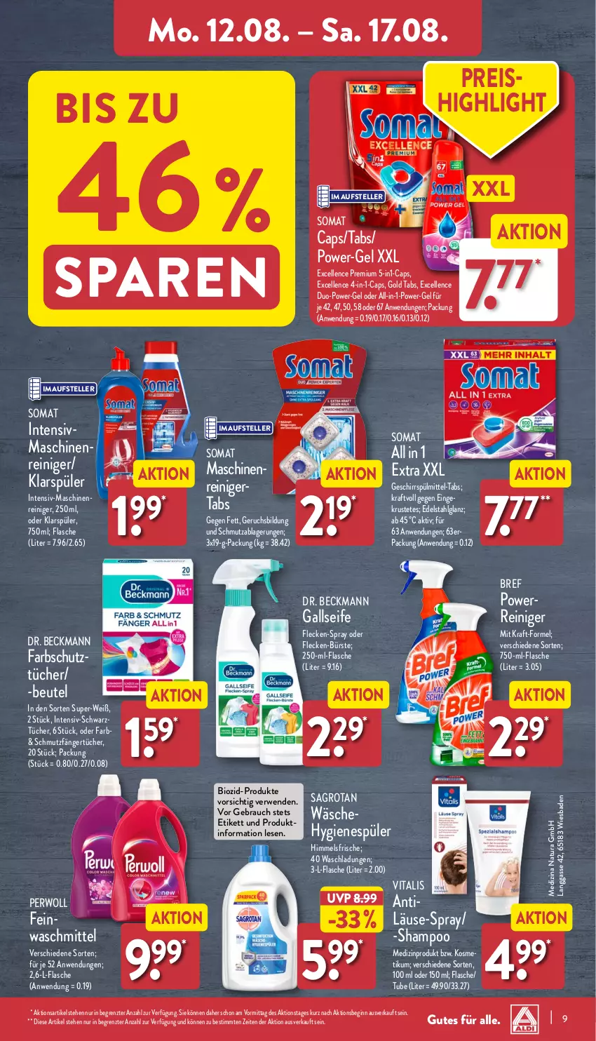 Aktueller Prospekt Aldi Nord - Von Montag - von 12.08 bis 17.08.2024 - strona 9 - produkty: Bad, beutel, bio, Bref, bref power, bürste, Cap, Dr. Beckmann, eis, elle, flasche, geschirr, geschirrspülmittel, gin, hygienespüler, klarspüler, kraft, LG, medizinprodukt, natur, natura, perwoll, power-gel, Rauch, reiniger, reis, rwe, sagrotan, Seife, shampoo, somat, spülmittel, teller, Ti, tücher, vita, vitalis, waschmittel, ZTE