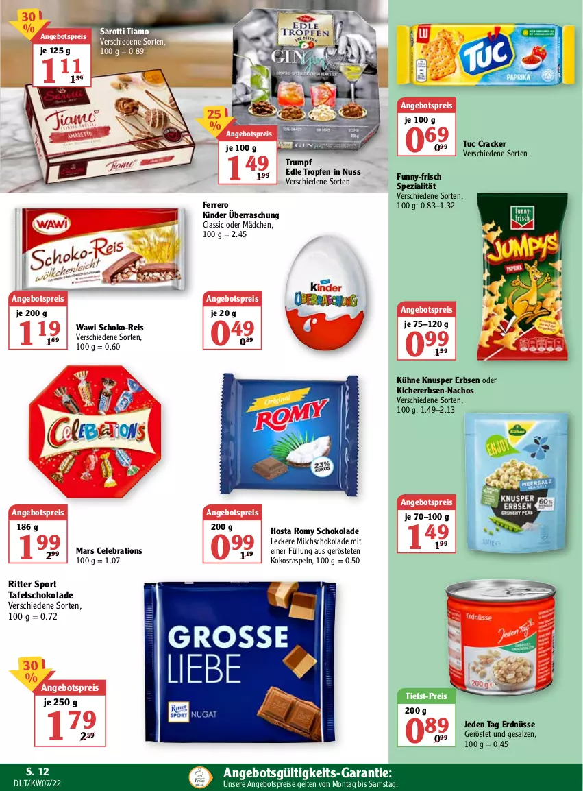 Aktueller Prospekt Globus - Prospekte - von 14.02 bis 19.02.2022 - strona 12 - produkty: angebot, angebotspreis, cracker, eis, erbsen, erdnüsse, ferrero, funny-frisch, kichererbsen, Kinder, kokos, Kühne, mars, milch, nacho, Nachos, nuss, reis, ritter, ritter sport, rum, salz, saro, sarotti, schoko, schokolade, Spezi, Sport, tafelschokolade, Ti, tiefst-preis, tuc