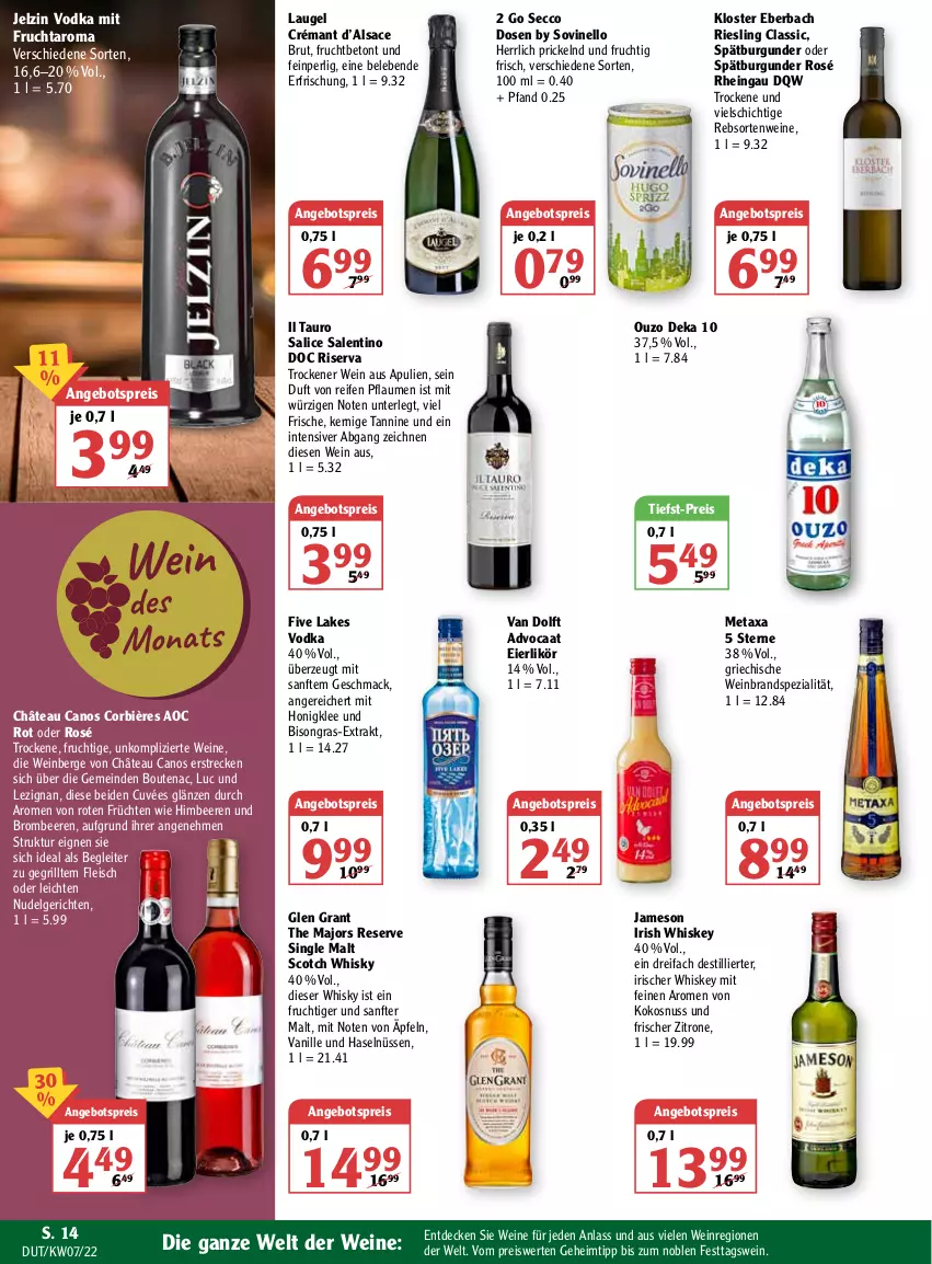 Aktueller Prospekt Globus - Prospekte - von 14.02 bis 19.02.2022 - strona 14 - produkty: angebot, angebotspreis, beere, beeren, brombeere, brombeeren, brut, burgunder, cuvée, decke, deka, ecco, eier, eierlikör, eis, fleisch, frucht, früchte, früchten, Glen Grant, grill, gsw, himbeer, himbeere, himbeeren, honig, irish whiskey, jameson, jelzin, Kloster Eberbach, kokos, kokosnuss, LG, likör, mac, Metaxa, mit frucht, nudel, Nudelgericht, nuss, ouzo, pflaume, pflaumen, rebsortenweine, reifen, reis, riesling, riserva, sac, scotch, scotch whisky, single malt, spätburgunder, Spezi, Ti, tiefst-preis, vanille, vodka, wein, weinbrand, weine, whiskey, whisky, zitrone