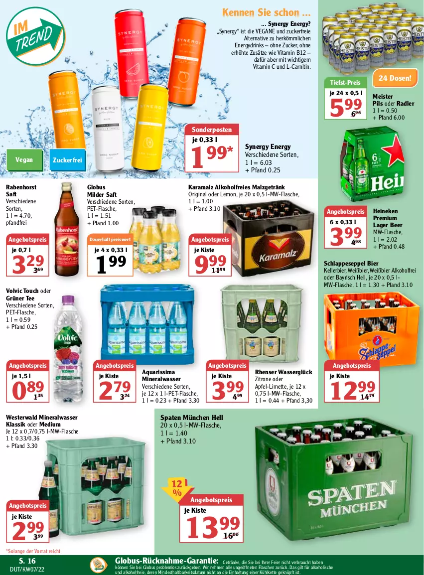 Aktueller Prospekt Globus - Prospekte - von 14.02 bis 19.02.2022 - strona 16 - produkty: alkohol, Alwa, angebot, angebotspreis, apfel, aqua, auer, bier, drink, drinks, eier, eis, elle, flasche, getränk, getränke, gin, grüner tee, heineken, karamalz, kellerbier, Kette, limette, malz, Meister, Mett, mineralwasser, mw-flasche, oder radler, pet-flasche, pils, radler, rama, Rauch, reis, saft, sim, sonderposten, Spaten, tee, Ti, tiefst-preis, vita, Vitamin B, Vitamin C, volvic, wasser, Weste, zitrone, zucker