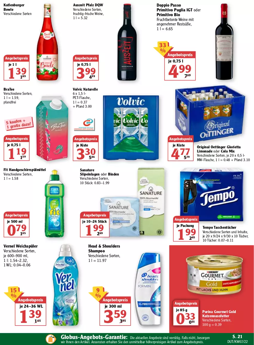 Aktueller Prospekt Globus - Prospekte - von 14.02 bis 19.02.2022 - strona 21 - produkty: angebot, angebote, angebotspreis, binden, bio, bowle, BraTee, burger, cola, doppio passo, eis, elle, flasche, frucht, geschirr, geschirrspülmittel, gin, gourmet gold, katlenburger, limo, limonade, mw-flasche, nassfutter, natur, oettinger, passo, pet-flasche, primitivo, purina, reis, rel, sana, shampoo, slip, slipeinlagen, spülmittel, Tasche, taschen, taschentücher, tee, Tempo, Ti, tücher, vernel, volvic, weichspüler, wein, weine