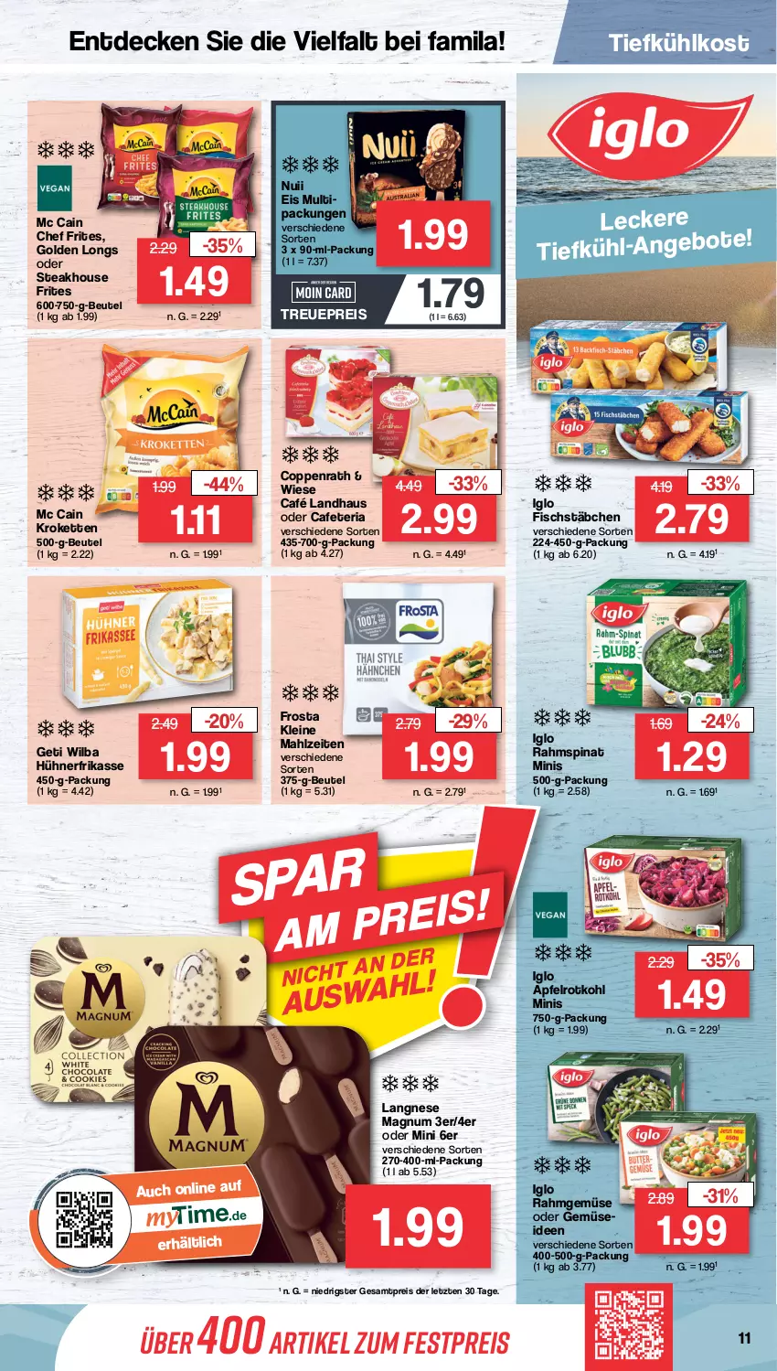 Aktueller Prospekt Famila - Prospekte - von 12.09 bis 17.09.2022 - strona 11 - produkty: angebot, apfel, beutel, Café Landhaus, coppenrath, decke, eis, fisch, fischstäbchen, frosta, Golden Longs, hühner, iglo, Kette, Kroketten, langnese, leine, magnum, mc cain, nerf, nuii, Rahmgemüse, reis, Ria, rotkohl, spinat, steak, Ti, tiefkühlkost, ZTE