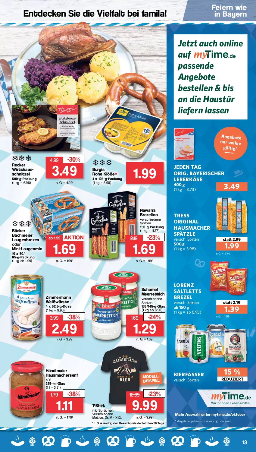 Aktueller Prospekt Famila - Prospekte - von 12.09 bis 17.09.2022 - strona 13 - produkty: angebot, angebote, aust, bier, brezel, decke, eier, eis, elle, gin, händlmaier, Hausmacher, Käse, leberkäs, leberkäse, lorenz, mac, meerrettich, Mode, reis, Rettich, saltletts, schamel, schnitzel, senf, shirt, T-Shirt, Ti, ZTE