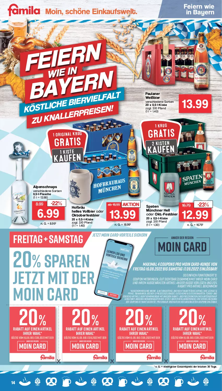 Aktueller Prospekt Famila - Prospekte - von 12.09 bis 17.09.2022 - strona 14 - produkty: beko, bier, coupon, coupons, discount, eduscho, eier, eis, elle, flasche, gin, gutschein, gutscheine, Paula, paulaner, reis, ring, Spaten, Tchibo, Ti, ZTE