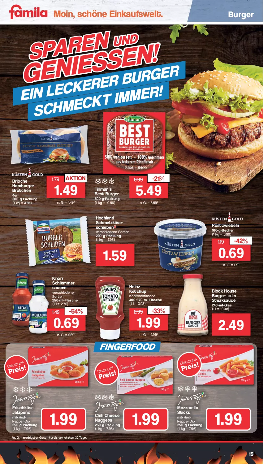 Aktueller Prospekt Famila - Prospekte - von 12.09 bis 17.09.2022 - strona 15 - produkty: Becher, brötchen, burger, chili, dip, eis, flasche, frischkäse, hamburger, hamburger brötchen, heinz, hochland, jalapeño, Käse, käsescheiben, ketchup, knorr, mozzarella, nuggets, reis, rel, röstzwiebeln, sauce, saucen, schlemmersauce, schlemmersaucen, Schmelzkäse, steak, steaks, Ti, ZTE, zwiebel, zwiebeln