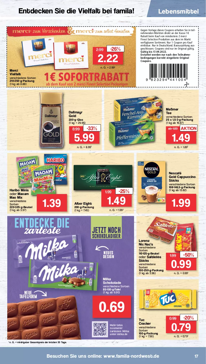 Aktueller Prospekt Famila - Prospekte - von 12.09 bis 17.09.2022 - strona 17 - produkty: after eight, beutel, Cap, cappuccino, cin, coupon, coupons, cracker, dallmayr, dallmayr gold, decke, eis, erde, gin, haribo, lebensmittel, lorenz, maoam, merci, Meßmer, milka, milka schokolade, Nescafé, nescafé gold, reis, saltletts, schoko, schokolade, sofortrabatt, tee, Ti, tuc, ZTE