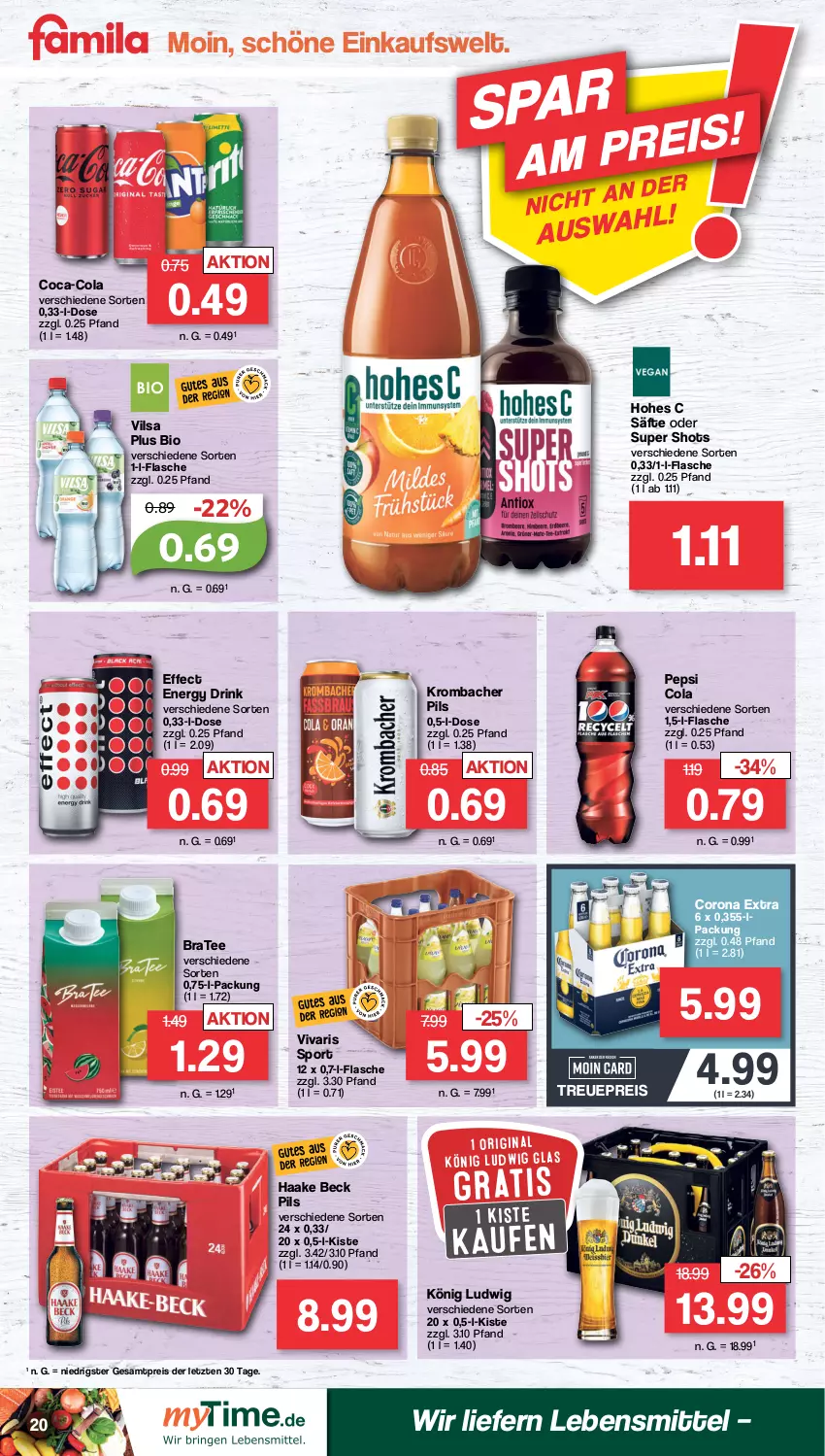 Aktueller Prospekt Famila - Prospekte - von 12.09 bis 17.09.2022 - strona 20 - produkty: bio, BraTee, coca-cola, cola, corona, corona extra, drink, Effect, eis, energy drink, flasche, gin, Hohes C, krombache, krombacher, krombacher pils, lebensmittel, pepsi, Pepsi Cola, pils, reis, säfte, Sport, tee, Ti, vilsa, Vivaris, ZTE