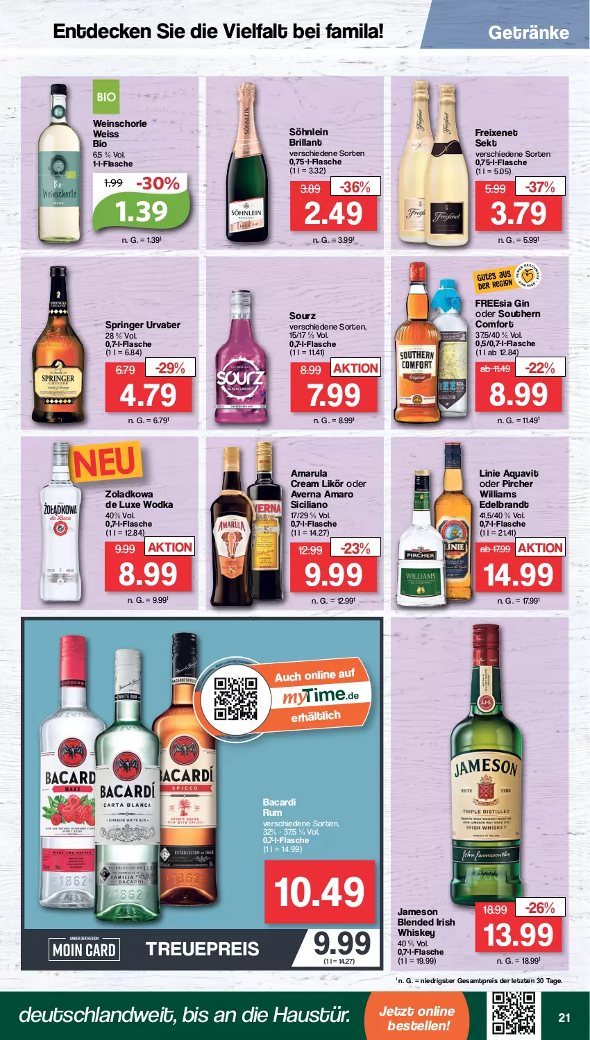 Aktueller Prospekt Famila - Prospekte - von 12.09 bis 17.09.2022 - strona 21 - produkty: amaro, amarula, aqua, aquavit, aust, averna, bacardi, bacardi rum, bio, brandt, decke, eis, elle, flasche, freixenet, getränk, getränke, gin, irish whiskey, jameson, likör, pircher, reis, ring, rum, schorle, sekt, söhnlein, söhnlein brillant, Southern Comfort, Ti, urvater, wein, weinschorle, whiskey, wodka, ZTE