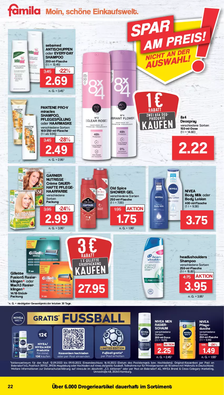 Aktueller Prospekt Famila - Prospekte - von 12.09 bis 17.09.2022 - strona 22 - produkty: Astra, auer, ball, body, body lotion, body milk, deo, deospray, dusche, eier, eis, flasche, fusion5, Fußball, garnier, gillette, gin, Lotion, mac, mach3, Maske, nivea, Nivea Men, Nutrisse, Old Spice, pantene, pantene pro-v, pflegedusche, Pflegespülung, pro-v, Rasierklinge, rasierklingen, Rasierschaum, reis, sebamed, shampoo, spülung, Ti, tisch, ZTE