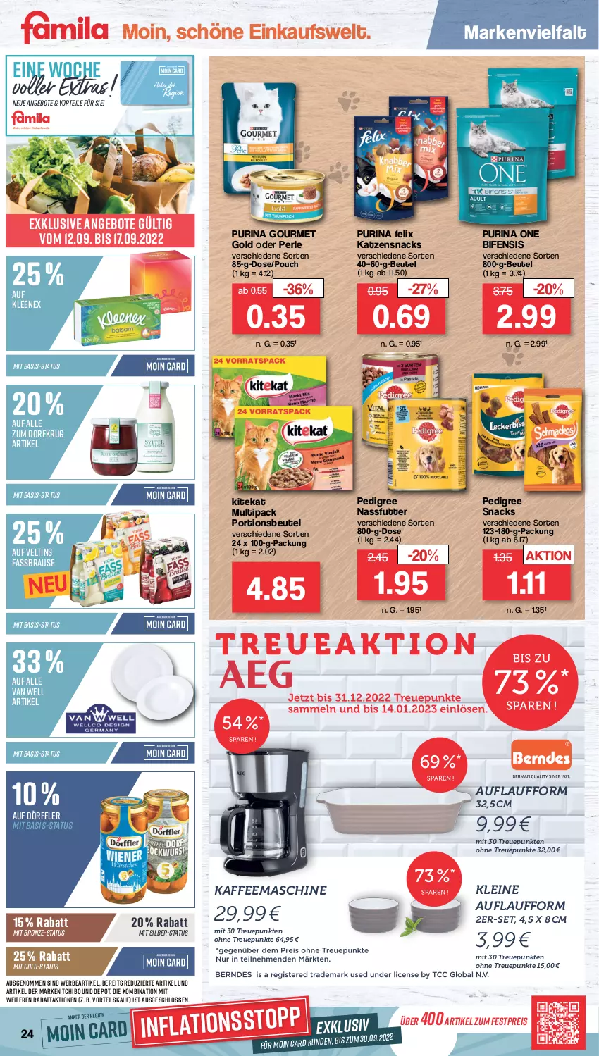 Aktueller Prospekt Famila - Prospekte - von 12.09 bis 17.09.2022 - strona 24 - produkty: angebot, angebote, beutel, brause, eis, fassbrause, felix, gourmet gold, kaffee, kaffeemaschine, katzensnack, katzensnacks, kitekat, leine, nassfutter, pedigree, portionsbeutel, purina, reis, snack, snacks, Tchibo, Ti, van well, veltins, Zum Dorfkrug