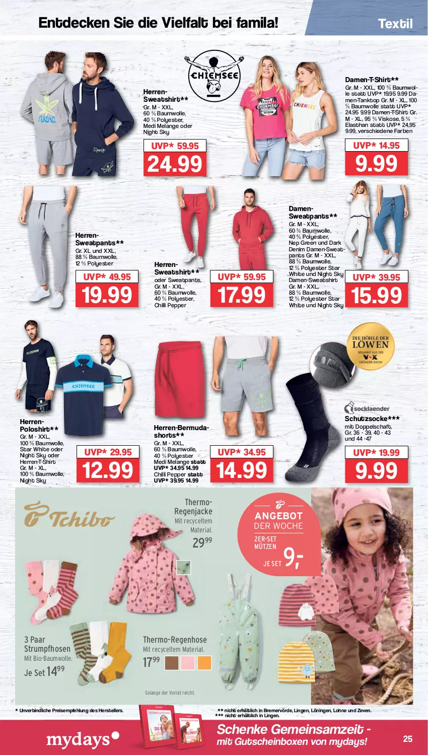 Aktueller Prospekt Famila - Prospekte - von 12.09 bis 17.09.2022 - strona 25 - produkty: angebot, Bau, baumwolle, bermuda, bermudas, bio, bio-baumwolle, decke, eis, Elan, elle, gutschein, herren-bermuda, herren-t-shirt, hose, hosen, Jacke, mit bio-baumwolle, Mütze, mydays, Pants, poloshirt, reis, Ria, rum, shirt, shorts, Strumpfhose, Sweatshirt, T-Shirt, tanktop, teller, Ti, wolle