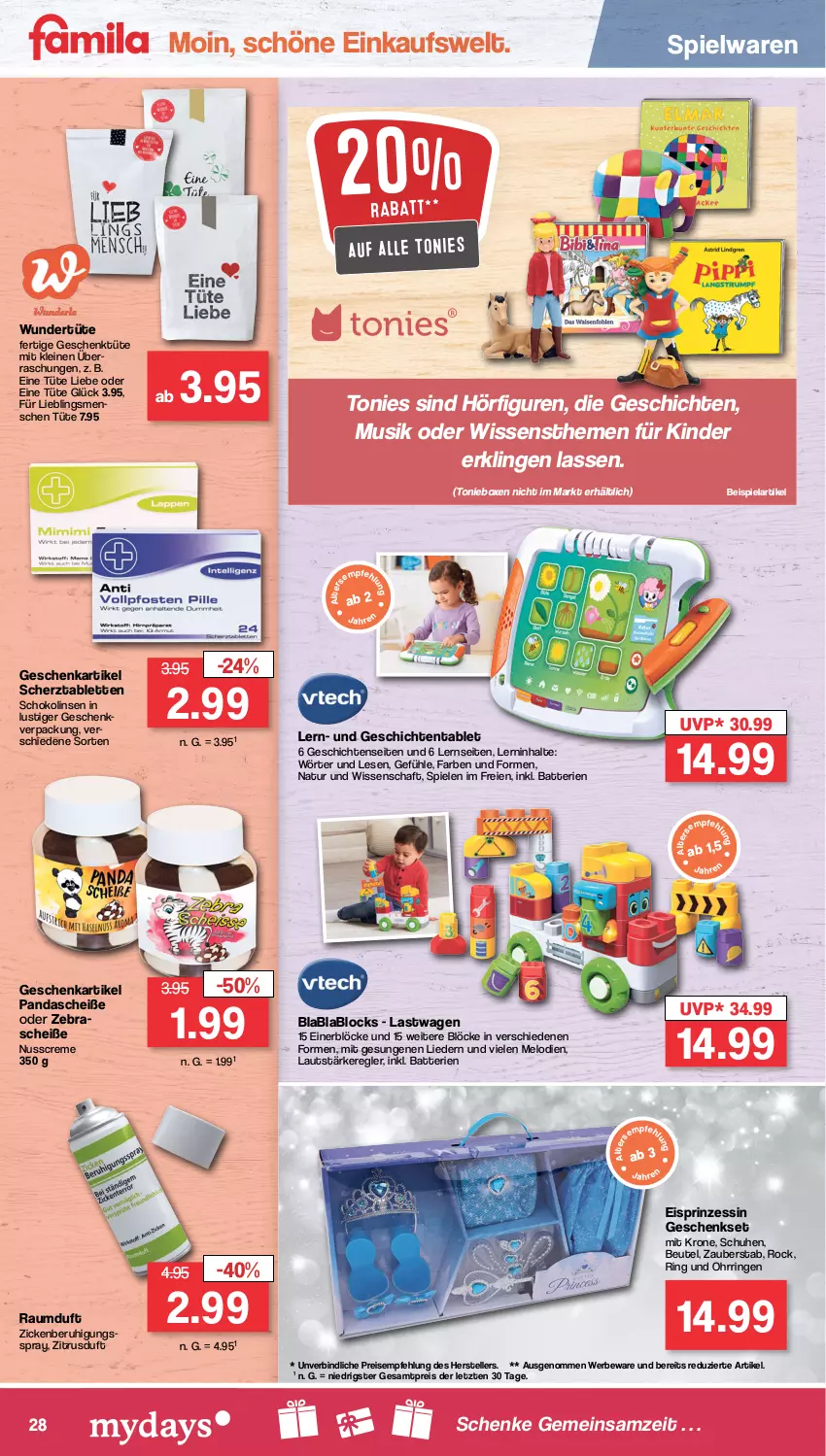 Aktueller Prospekt Famila - Prospekte - von 12.09 bis 17.09.2022 - strona 28 - produkty: batterie, batterien, beutel, creme, eis, elle, geschenkset, Kinder, krone, leine, linsen, Lusti, natur, nuss, Ohrringe, Raumduft, reis, ring, schoko, Schokolinsen, schuhe, Spiele, spielwaren, tablet, tablett, Tablette, teller, Ti, Toniebox, Tüte, ZTE