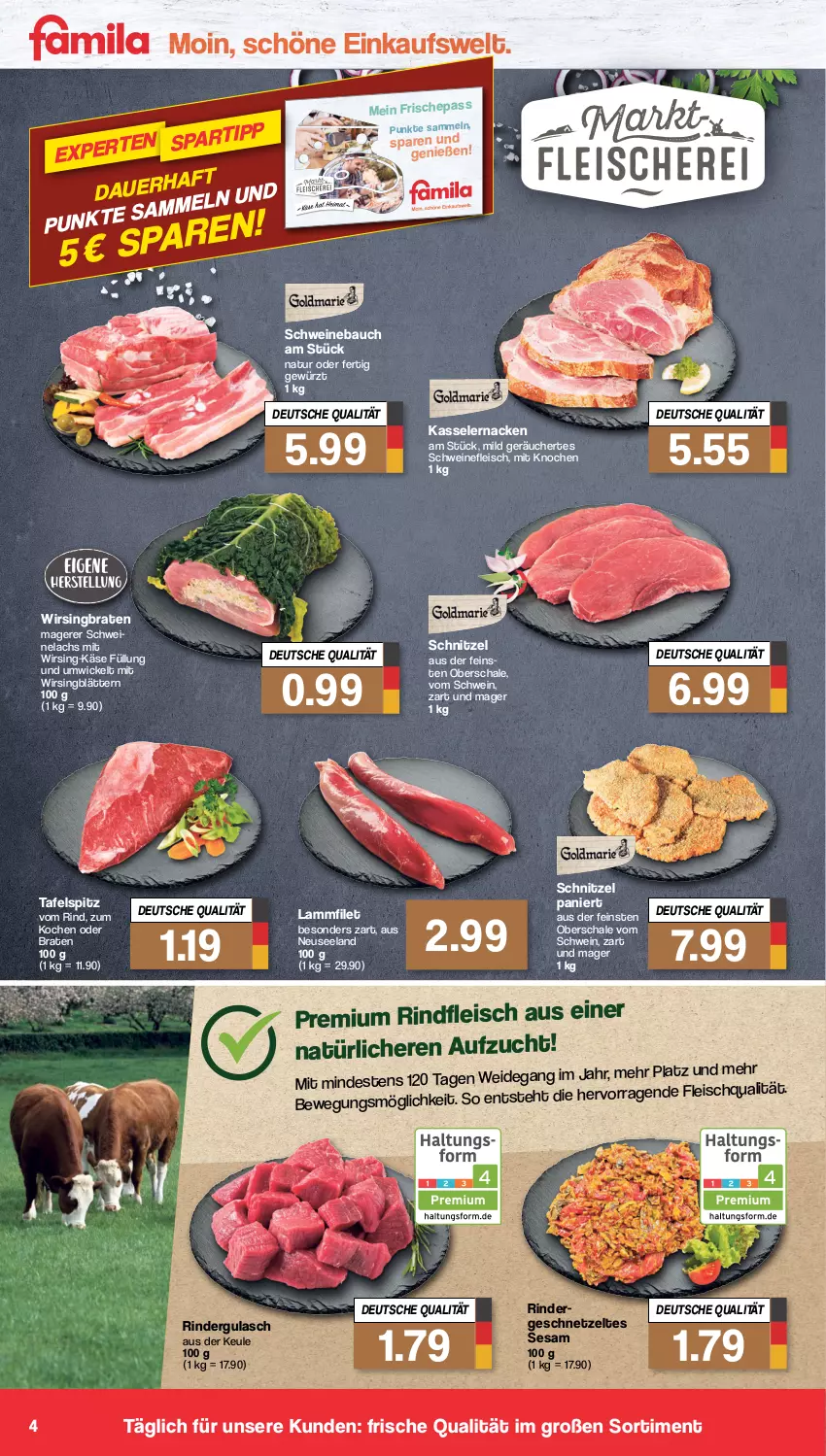 Aktueller Prospekt Famila - Prospekte - von 12.09 bis 17.09.2022 - strona 4 - produkty: Bau, braten, eis, Elan, filet, fleisch, geschnetzeltes, gewürz, gulasch, Käse, kasseler, lachs, lamm, mac, natur, rind, rinder, rindergulasch, rindfleisch, Schal, Schale, schnitzel, schwein, schweine, Schweinebauch, schweinefleisch, Schweinelachs, sesam, tafelspitz, Ti, wein, weine, WICK, Wirsing, Zelt