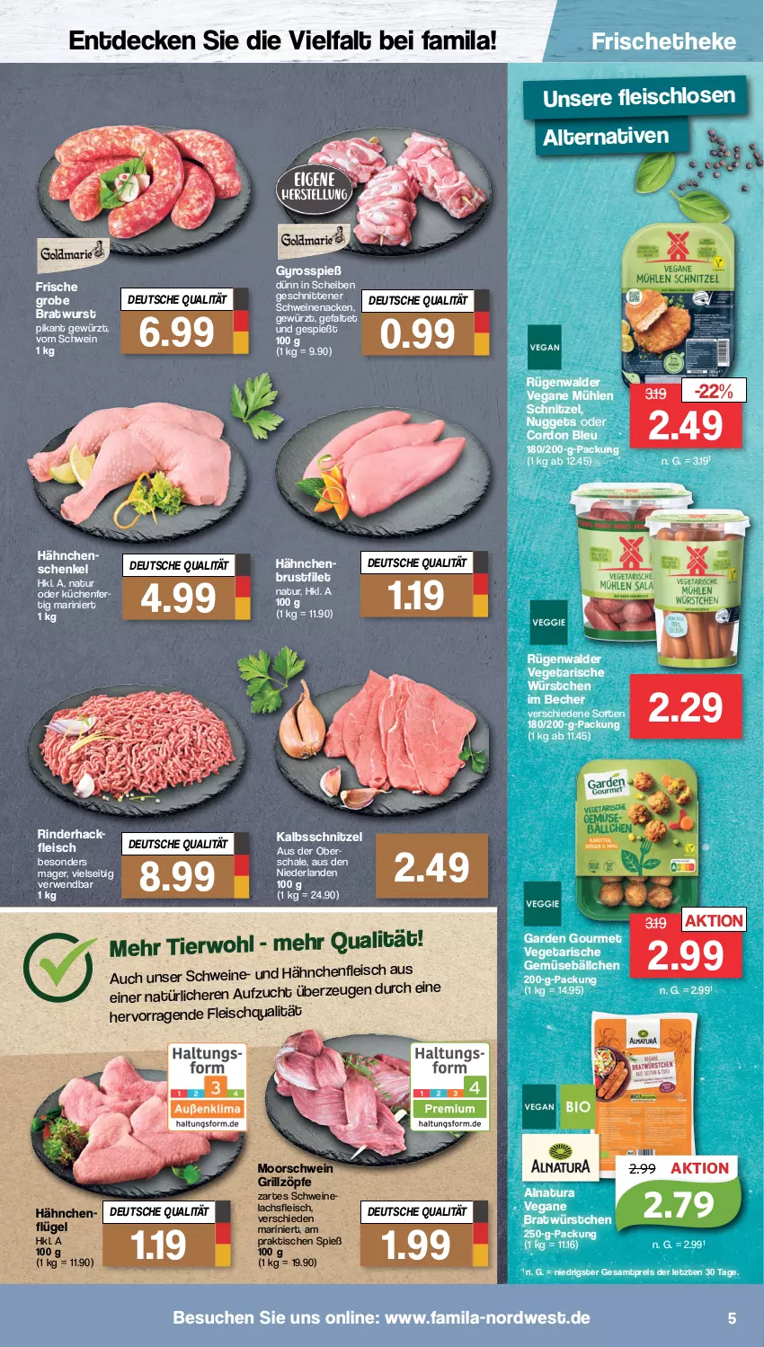 Aktueller Prospekt Famila - Prospekte - von 12.09 bis 17.09.2022 - strona 5 - produkty: Becher, bratwurst, brustfilet, cordon bleu, decke, eis, filet, fleisch, garden gourmet, gewürz, grill, grobe bratwurst, gyros, hackfleisch, hähnchenbrust, hähnchenbrustfilet, hähnchenschenkel, henkel, kalbsschnitzel, küche, Küchen, lachs, natur, natura, nuggets, reis, rind, rinder, rinderhackfleisch, rügenwalder, rwe, Schal, Schale, schenkel, schnitten, schnitzel, schwein, schweine, schweinenacken, Ti, tisch, Vegeta, wein, weine, wurst, würstchen, ZTE