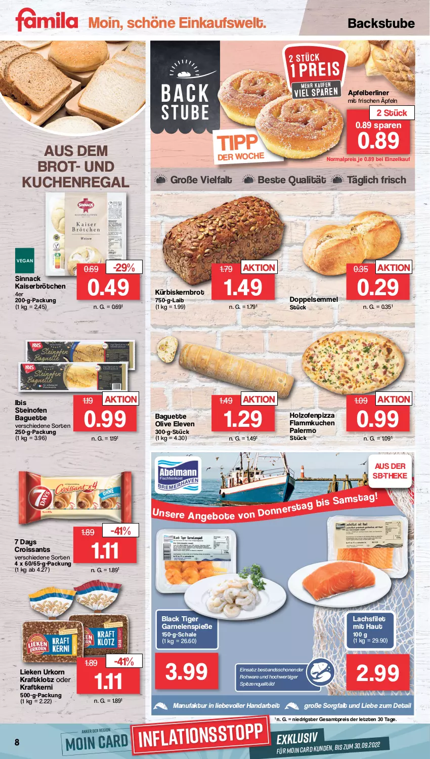 Aktueller Prospekt Famila - Prospekte - von 12.09 bis 17.09.2022 - strona 8 - produkty: apfel, baguette, berliner, brot, brötchen, Croissant, croissants, eis, Faktu, filet, flammkuchen, garnelen, Holz, Kaiser, korn, kraft, kuchen, Kürbis, lachs, lachsfilet, lack, lamm, lieken, Ofen, olive, pizza, regal, reis, Schal, Schale, Semmel, sinnack, spitzenqualität, steinofen, stube, Ti, urkorn, ZTE