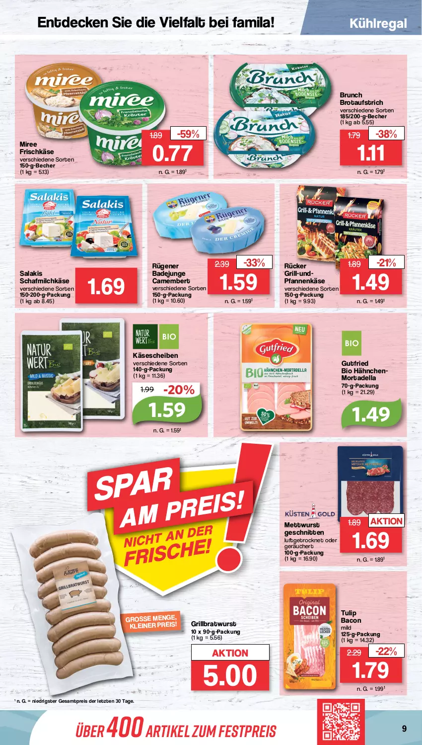 Aktueller Prospekt Famila - Prospekte - von 12.09 bis 17.09.2022 - strona 9 - produkty: aufstrich, bacon, Bad, Becher, bio, bratwurst, brot, brotaufstrich, camembert, decke, dell, eis, frischkäse, grill, grillbratwurst, gutfried, Käse, käsescheiben, kühlregal, Mett, mettwurst, milch, miree, mortadella, pfanne, pfannen, pfannenkäse, regal, reis, Rügener, rügener badejunge, salakis, schnitten, Ti, tulip, wurst, ZTE