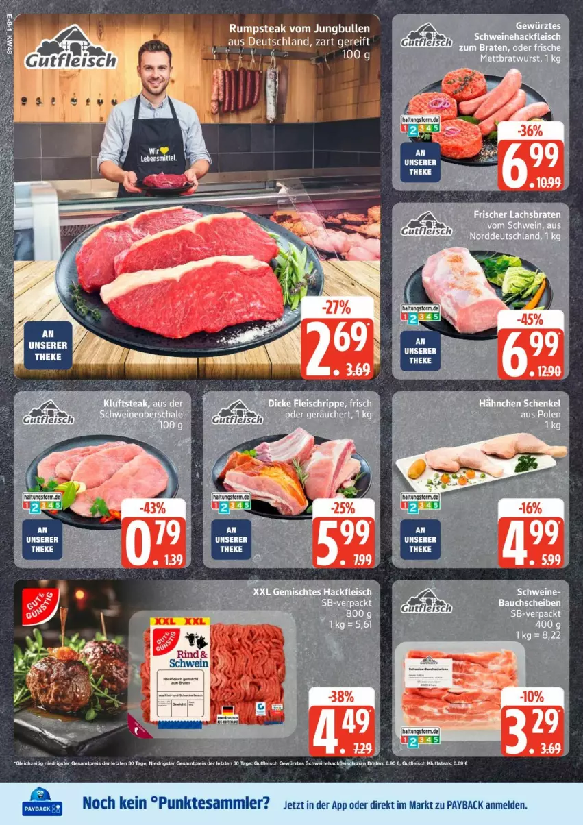 Aktueller Prospekt Edeka - Prospekte - von 24.11 bis 29.11.2025 - strona 10 - produkty: aust, Bau, bauchscheiben, braten, eis, fleisch, gewürz, hackfleisch, henkel, jungbullen, lachs, Lachsbraten, payback, reis, rum, rumpsteak, schenkel, schwein, schweine, Schweinehackfleisch, steak, tesa, Ti, wein, weine, ZTE