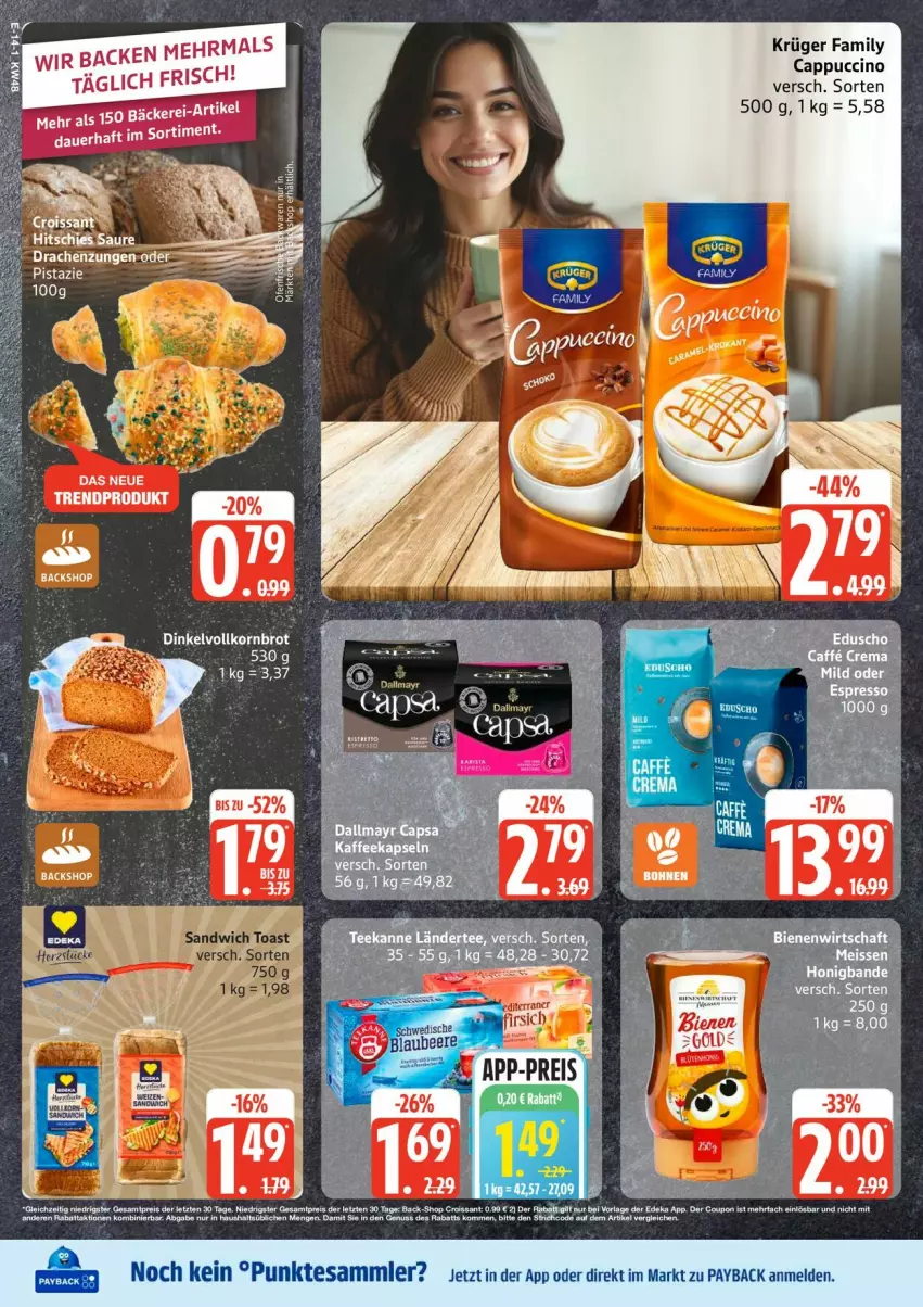 Aktueller Prospekt Edeka - Prospekte - von 24.11 bis 29.11.2025 - strona 18 - produkty: auer, Cap, cappuccino, cin, eis, krüger, payback, rind, sandwich, Stier, tesa, Ti, toast
