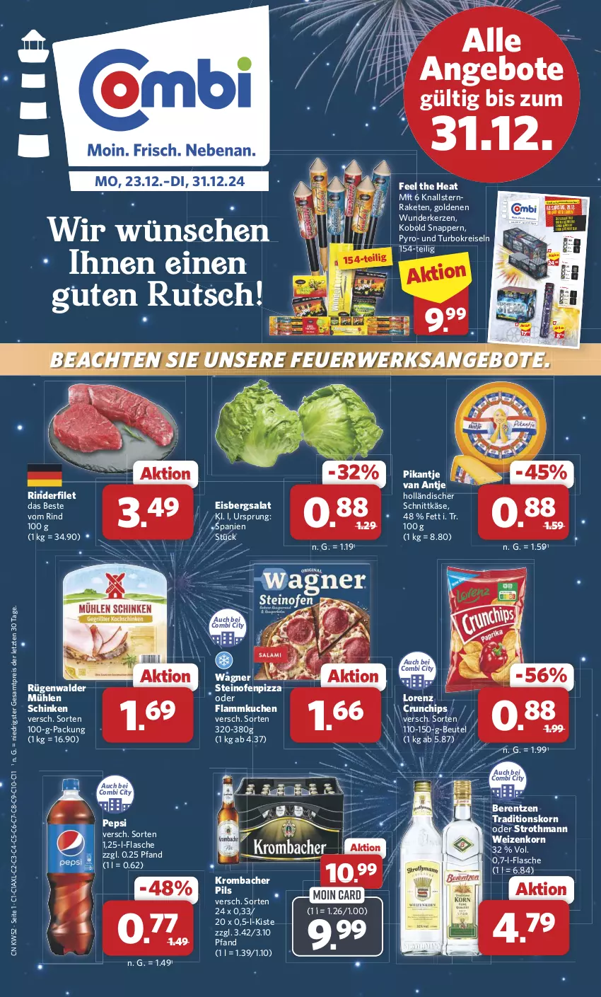 Aktueller Prospekt Combi - Prospekte - von 23.12 bis 31.12.2024 - strona 1 - produkty: angebot, angebote, berentzen, beutel, chips, crunchips, eis, eisbergsalat, filet, flammkuchen, flasche, holländischer schnittkäse, Käse, kerze, korn, krombache, krombacher, krombacher pils, kuchen, lamm, leine, lorenz, lorenz crunchips, mühlen schinken, Ofen, pepsi, pils, pizza, Raketen, reis, rind, rinder, rinderfilet, rügenwalder, rügenwalder mühle, rwe, salat, schinken, schnittkäse, steinofen, Systemfeuerwerk, Ti, wagner, weizenkorn, ZTE