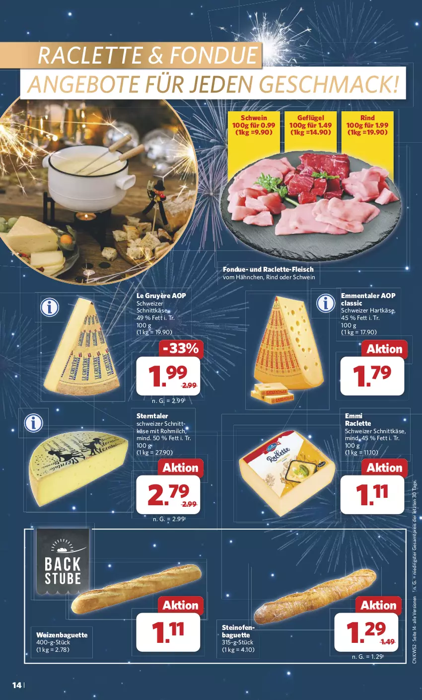 Aktueller Prospekt Combi - Prospekte - von 23.12 bis 31.12.2024 - strona 14 - produkty: angebot, angebote, baguette, eis, emmentaler, emmi, fleisch, Fondue, Geflügel, hartkäse, Käse, mac, milch, Ofen, reis, rind, schnittkäse, schwein, schweizer hartkäse, schweizer schnittkäse, steinofen, Ti, wein, ZTE