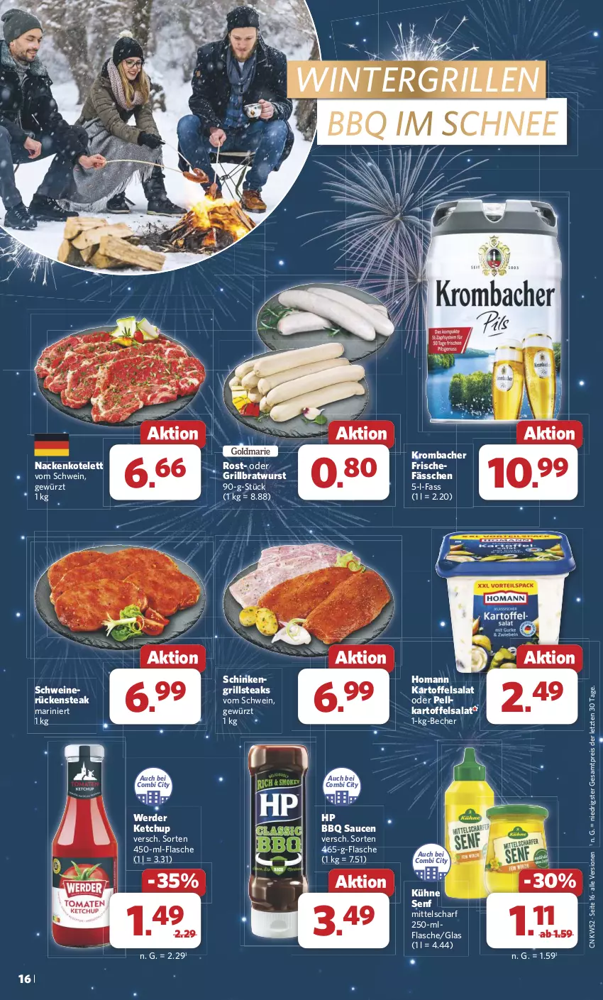 Aktueller Prospekt Combi - Prospekte - von 23.12 bis 31.12.2024 - strona 16 - produkty: Becher, bratwurst, eis, erde, flasche, gewürz, grill, grillbratwurst, homann, HP, kartoffel, kartoffelsalat, ketchup, kotelett, krombache, krombacher, Kühne, kühne senf, reis, Rückensteak, salat, sauce, saucen, schinken, schwein, schweine, senf, steak, steaks, Ti, wein, weine, wurst, ZTE