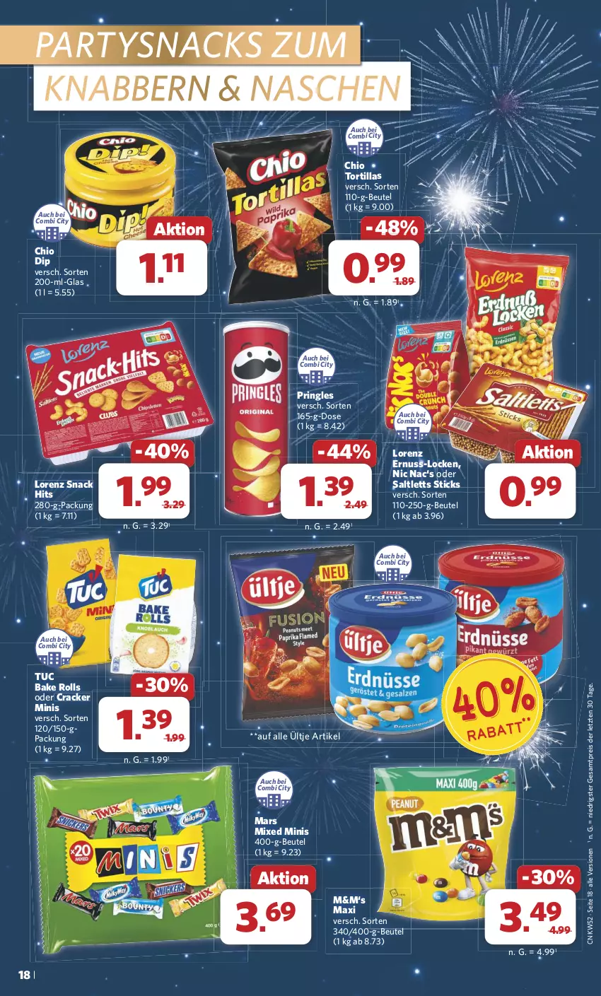 Aktueller Prospekt Combi - Prospekte - von 23.12 bis 31.12.2024 - strona 18 - produkty: beutel, cracker, dip, eis, lorenz, mars, nuss, pringles, reis, ring, saltletts, snack, snack hits, snacks, Ti, tortilla, tortillas, tuc, ültje, ZTE