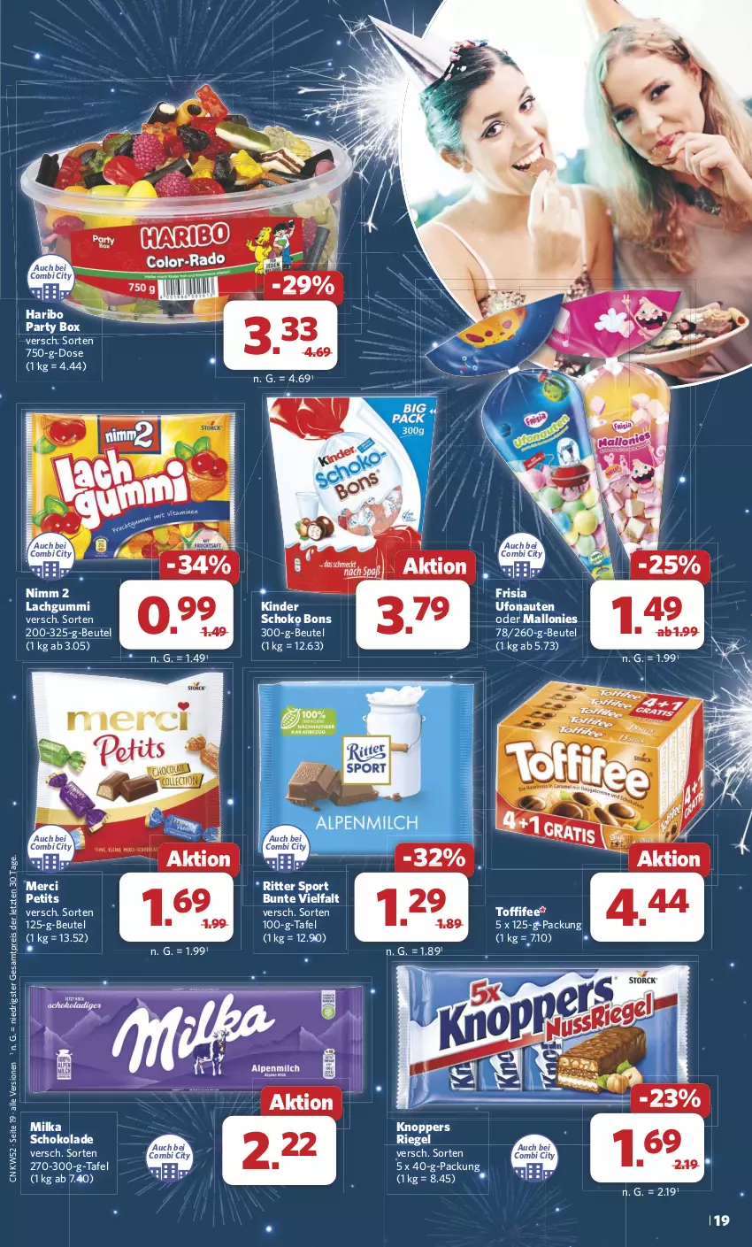 Aktueller Prospekt Combi - Prospekte - von 23.12 bis 31.12.2024 - strona 19 - produkty: beutel, eis, haribo, Kinder, knoppers, lachgummi, merci, milka, milka schokolade, Nimm 2, reis, riegel, ritter, ritter sport, schoko, schokolade, Sport, Ti, toffifee, ZTE