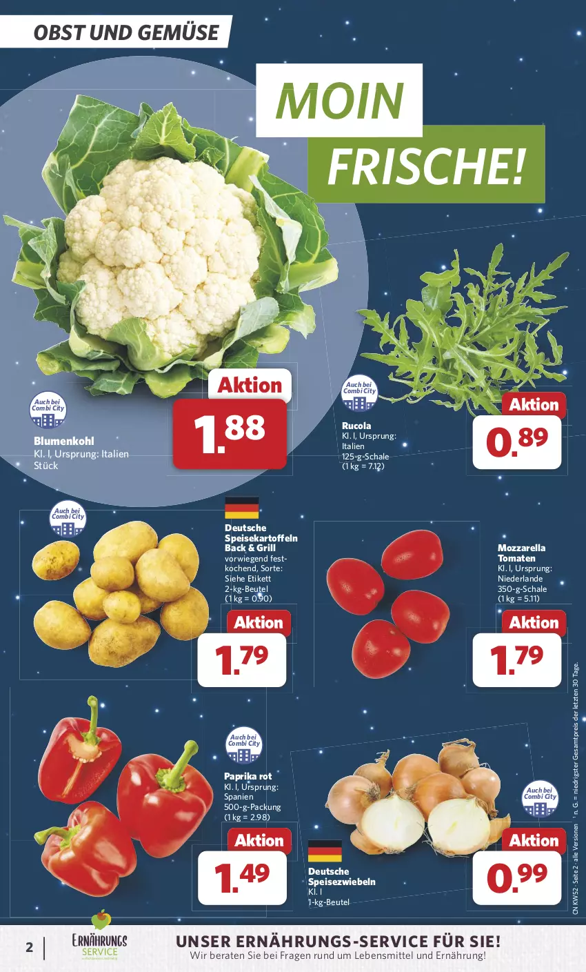 Aktueller Prospekt Combi - Prospekte - von 23.12 bis 31.12.2024 - strona 2 - produkty: beutel, blume, blumen, blumenkohl, cola, eis, grill, kartoffel, kartoffeln, lebensmittel, mozzarella, obst, Obst und Gemüse, paprika, paprika rot, reis, rel, rucola, Schal, Schale, speisekartoffeln, Speisezwiebeln, Ti, tomate, tomaten, und gemüse, ZTE, zwiebel, zwiebeln