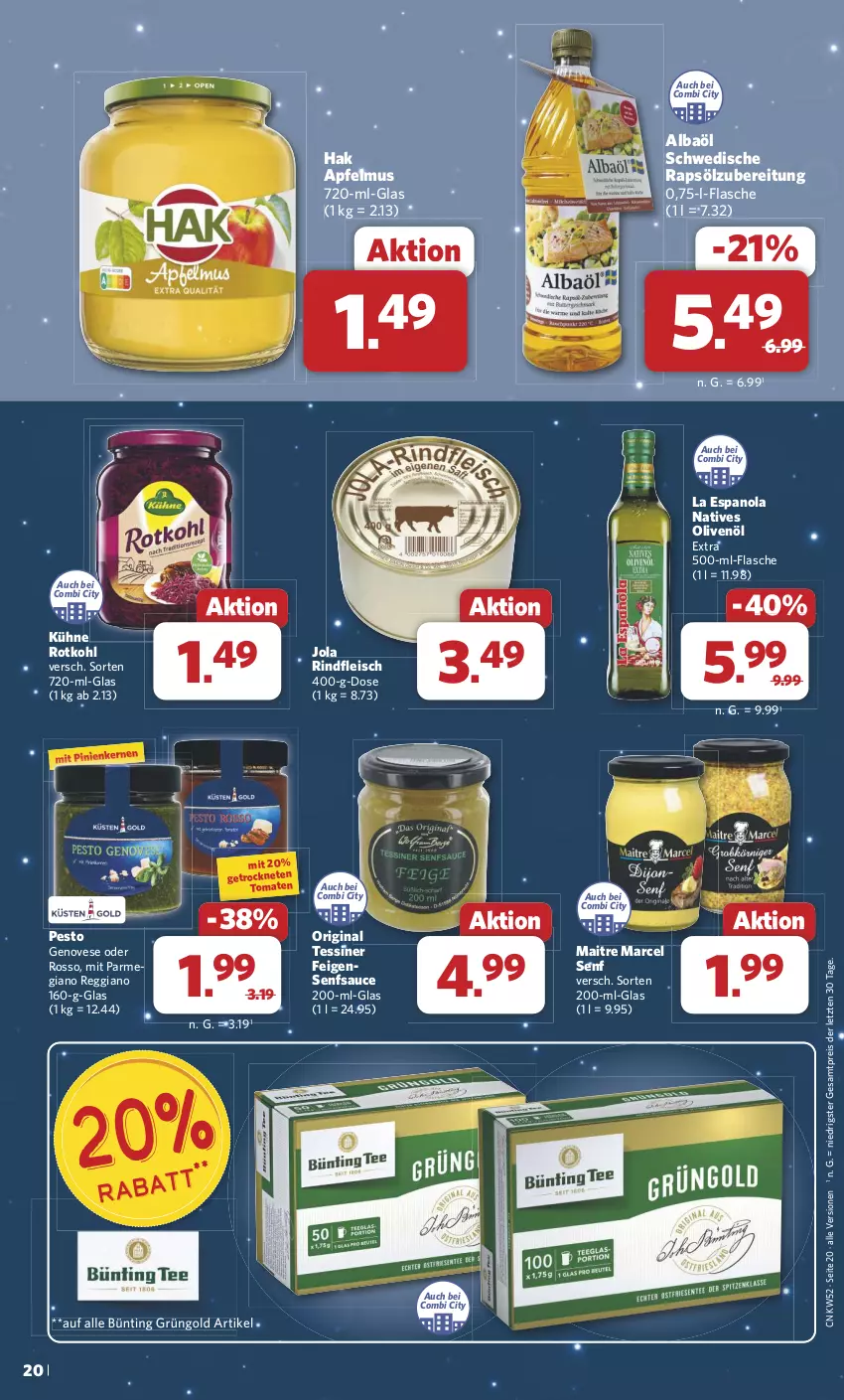 Aktueller Prospekt Combi - Prospekte - von 23.12 bis 31.12.2024 - strona 20 - produkty: apfel, apfelmus, eis, Feigen, flasche, fleisch, genovese, gin, Kühne, natives olivenöl, olive, oliven, olivenöl, olivenöl extra, pesto, rapsöl, reggiano, reis, rind, rindfleisch, rotkohl, sauce, senf, Ti, tomate, tomaten, ZTE