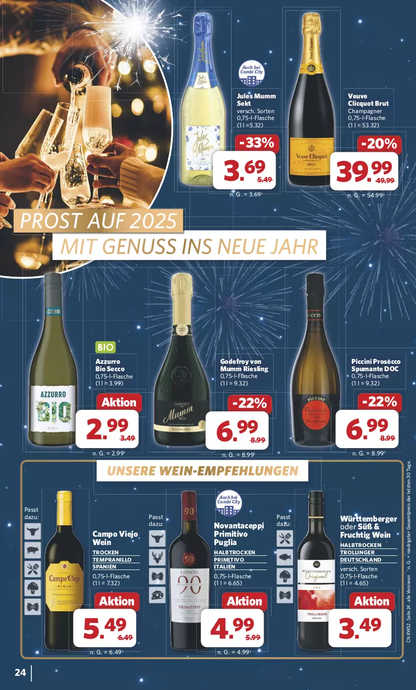 Aktueller Prospekt Combi - Prospekte - von 23.12 bis 31.12.2024 - strona 24 - produkty: Berger, bio, brut, campo viejo, champagne, champagner, cin, ecco, eis, flasche, frucht, jules mumm, mumm, nuss, primitivo, prosecco, puma, reis, riesling, sekt, spumante, tempranillo, Ti, trolli, trollinger, wein, ZTE