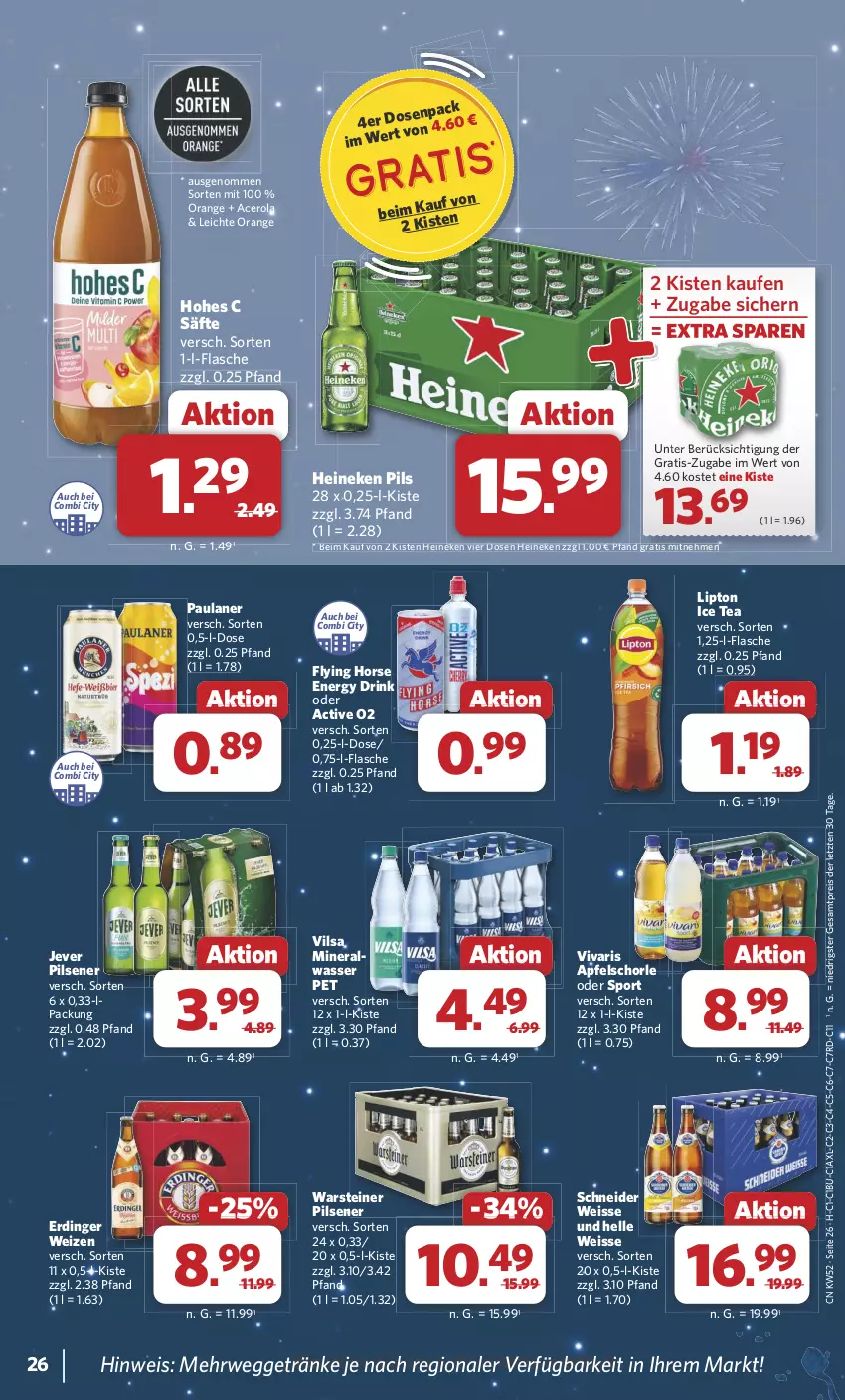 Aktueller Prospekt Combi - Prospekte - von 23.12 bis 31.12.2024 - strona 26 - produkty: acer, apfel, Apfelschorle, drink, eis, elle, energy drink, erdinger, flasche, getränk, getränke, heineken, Hohes C, ice tea, jever, jever pilsener, lipton, lipton ice tea, orange, Paula, paulaner, pils, pilsener, reis, rwe, säfte, schorle, Sport, steiner, Ti, vilsa, Vivaris, warsteiner, wasser, ZTE