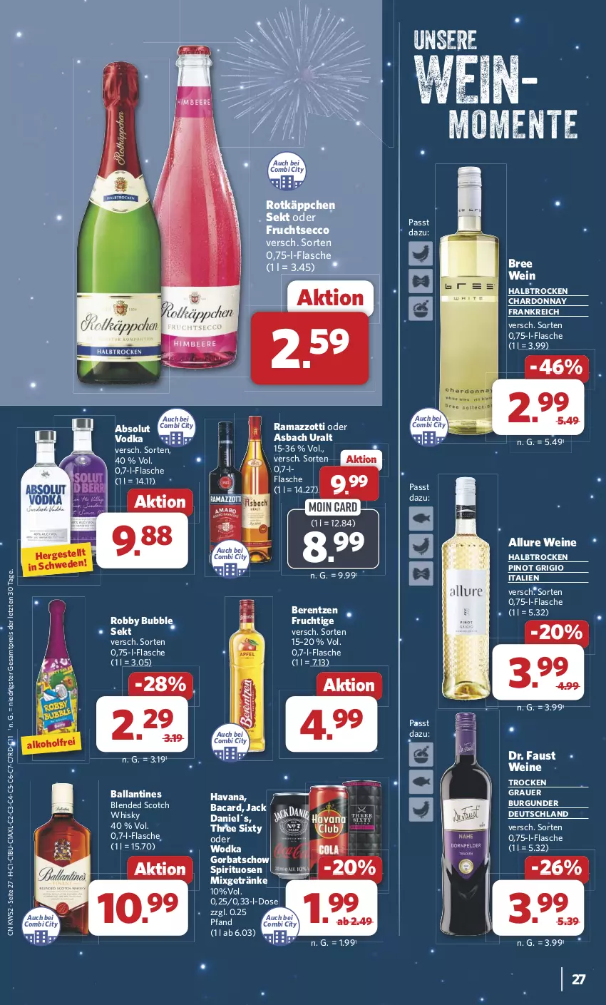 Aktueller Prospekt Combi - Prospekte - von 23.12 bis 31.12.2024 - strona 27 - produkty: Absolut Vodka, alkohol, asbach uralt, auer, aust, ball, berentzen, blended scotch, blended scotch whisky, bree, burgunder, chardonnay, ecco, eis, ente, flasche, frucht, fruchtsecco, getränk, getränke, Gorbatschow, grauer burgunder, jack daniel, Mixgetränk, Pinot, pinot grigio, rama, ramazzott, ramazzotti, reis, robby, rotkäppchen, scotch, scotch whisky, sekt, spirituosen, Three Sixty, Ti, vodka, wein, weine, whisky, wodka, zott, ZTE