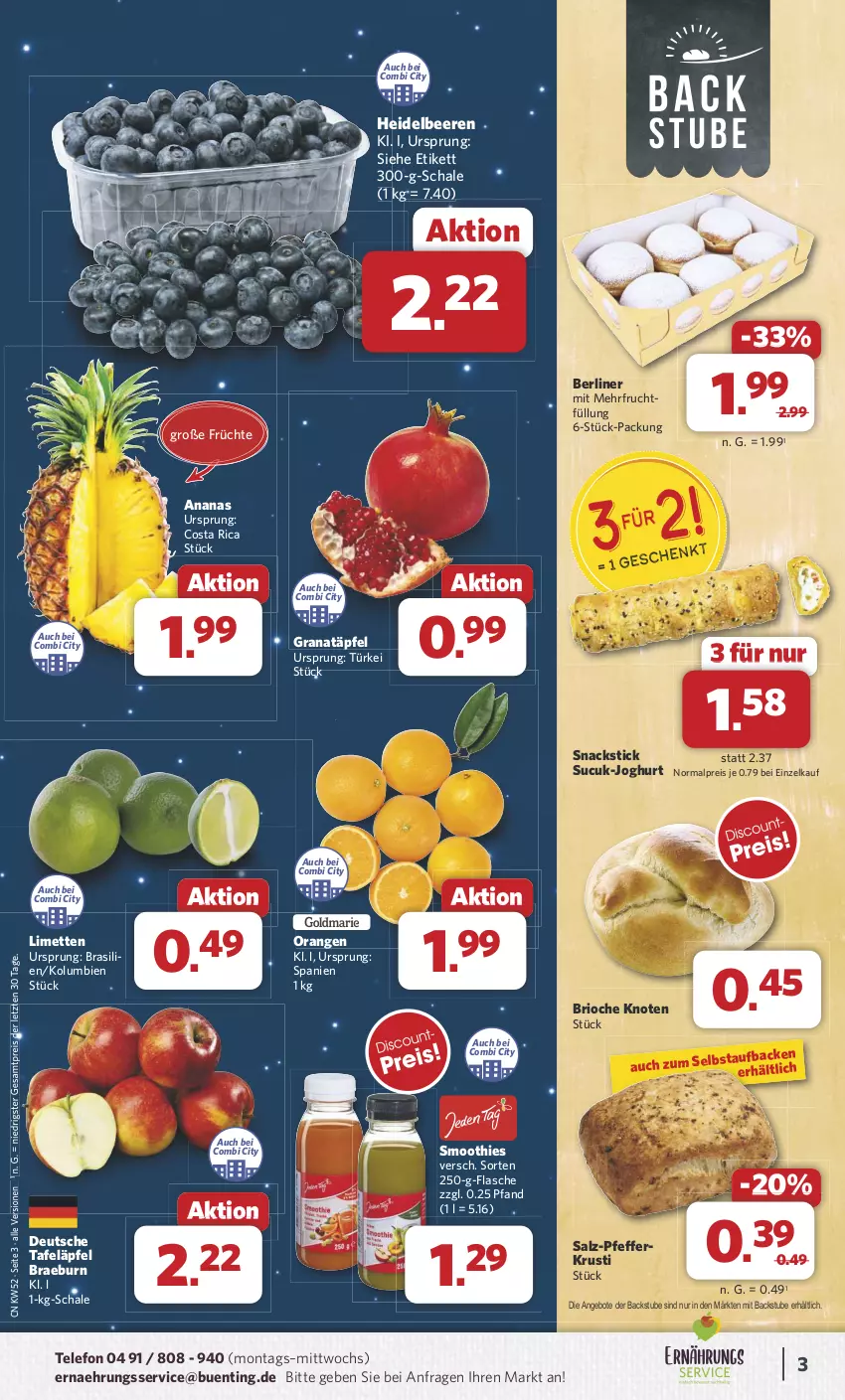 Aktueller Prospekt Combi - Prospekte - von 23.12 bis 31.12.2024 - strona 3 - produkty: ananas, angebot, angebote, beere, beeren, berliner, eis, flasche, frucht, früchte, grana, Granatäpfel, heidelbeere, heidelbeeren, joghur, joghurt, limette, limetten, Mett, metten, orange, orangen, pfeffer, Rana, reis, salz, Schal, Schale, smoothie, smoothies, snack, snacks, stube, Sucuk, tafeläpfel, telefon, Ti, ZTE