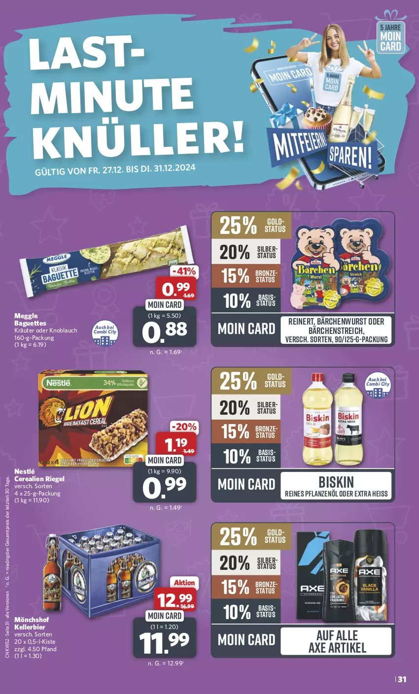 Aktueller Prospekt Combi - Prospekte - von 23.12 bis 31.12.2024 - strona 31 - produkty: axe, baguette, baguettes, bier, cerealien, eis, elle, kellerbier, knoblauch, kräuter, meggle, mönchshof, nestlé, pflanze, pflanzen, Pflanzenöl, reinert, reis, riegel, Ti, wurst, ZTE