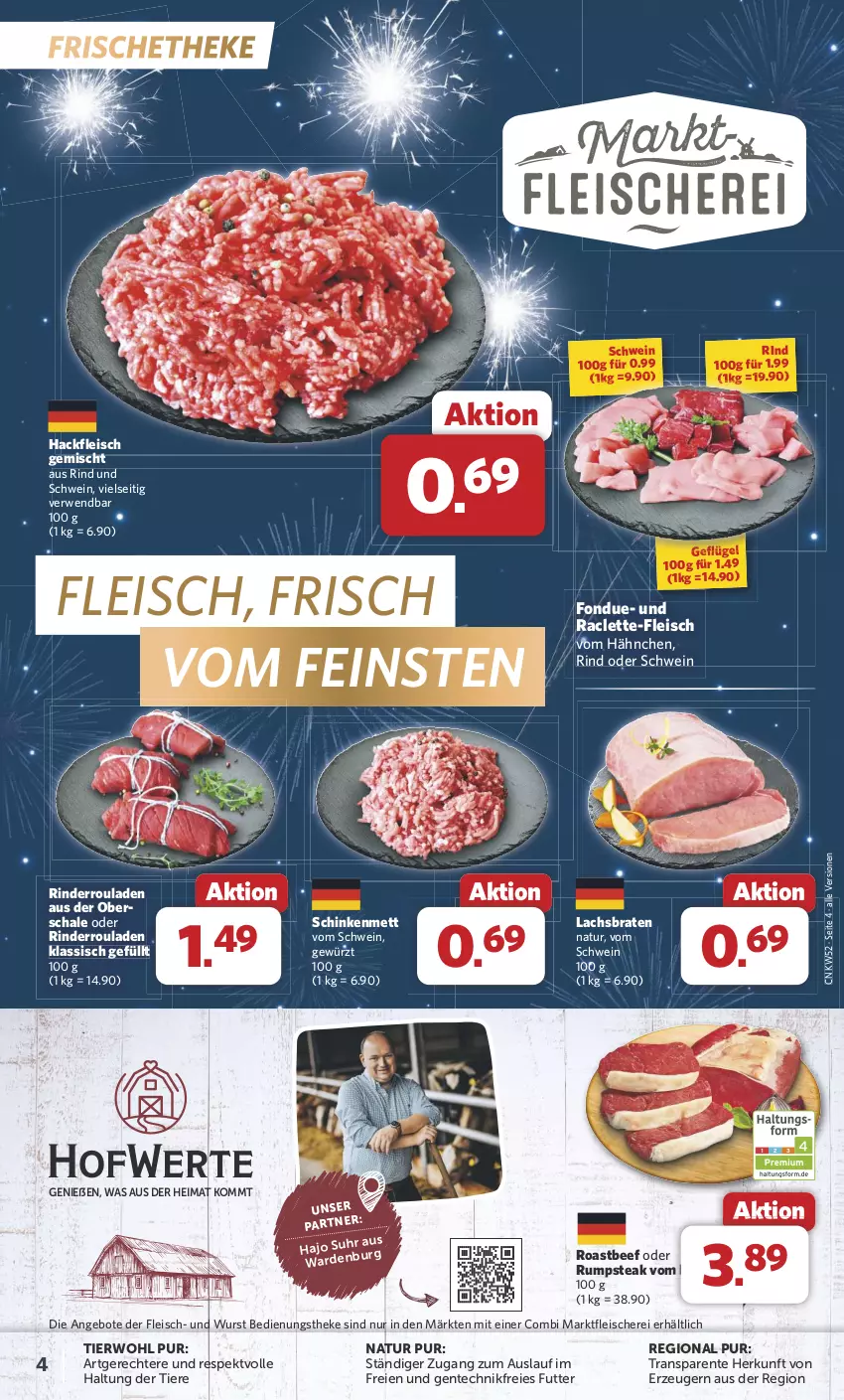 Aktueller Prospekt Combi - Prospekte - von 23.12 bis 31.12.2024 - strona 4 - produkty: angebot, angebote, beef, braten, eis, ente, fleisch, Fleischerei, Fondue, Geflügel, gewürz, hackfleisch, hackfleisch gemischt, lachs, Lachsbraten, Mett, natur, oder rumpsteak, rind, rinder, Rinderroulade, rinderrouladen, roastbeef, rouladen, rum, rumpsteak, rwe, Schal, Schale, Schere, schinken, schwein, steak, Ti, Tiere, wein, wurst