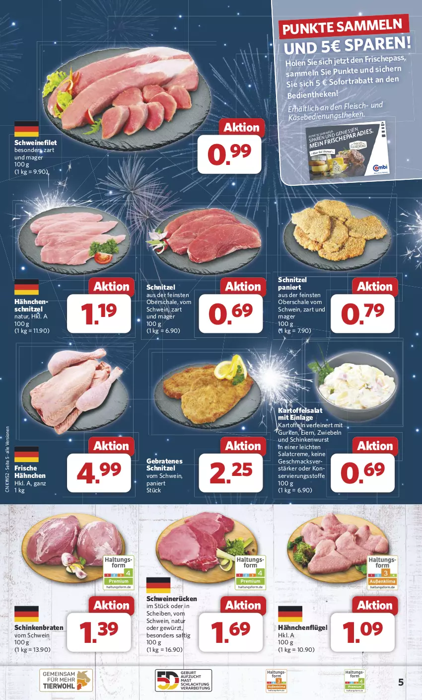 Aktueller Prospekt Combi - Prospekte - von 23.12 bis 31.12.2024 - strona 5 - produkty: braten, creme, eier, eis, filet, fleisch, Frische Hähnchen, gewürz, gurke, gurken, hähnchenflügel, Hähnchenschnitzel, kartoffel, kartoffeln, kartoffelsalat, Käse, mac, natur, saft, salat, salatcreme, Schal, Schale, schinken, schinkenbraten, schinkenwurst, schnitzel, schwein, schweine, schweinefilet, schweinerücken, Ti, wein, weine, wurst, zwiebel, zwiebeln