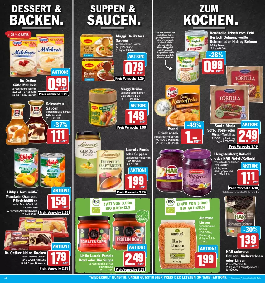 Aktueller Prospekt Hit - Prospekte - von 27.02 bis 04.03.2023 - strona 10 - produkty: apfel, beutel, bio, bohne, bohnen, bonduelle, Brühe, cocktail, delikatess sauce, dessert, Dr. Oetker, eis, elle, erbsen, frucht, hengstenberg, kichererbsen, kidney, kidney bohnen, kuchen, leine, linsen, maggi, magnesium, natur, natura, orange, orangen, pfanni, pfirsich, reis, Ria, rotkohl, sauce, saucen, Schwartau, suppe, suppen, Ti, tortilla, tortillas, vita, Vitamine, Weiße Bohnen, wrap, ZTE