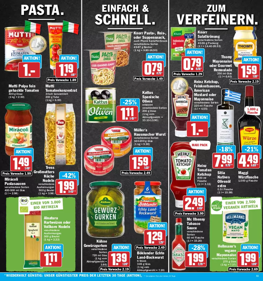 Aktueller Prospekt Hit - Prospekte - von 27.02 bis 04.03.2023 - strona 11 - produkty: Becher, beutel, bockwurst, böklunder, eis, feinkost, flasche, gewürz, Gewürzgurke, gewürzgurken, gurke, gurken, hartweizen, Hausmacher, heinz, kartoffel, ketchup, knorr, knorr pasta, korn, küche, Kühne, mac, maggi, mayonnaise, Mirácoli, Müller, Mutti, natives olivenöl, natur, natura, nudel, nudeln, olive, oliven, olivenöl, olivenöl extra, pasta, pfanni, reis, remoulade, salat, salatkrönung, sauce, saucen, snack, suppe, suppen, tabasco, thomy, Ti, tomate, tomaten, tomaten ketchup, wurst, Yo, ZTE