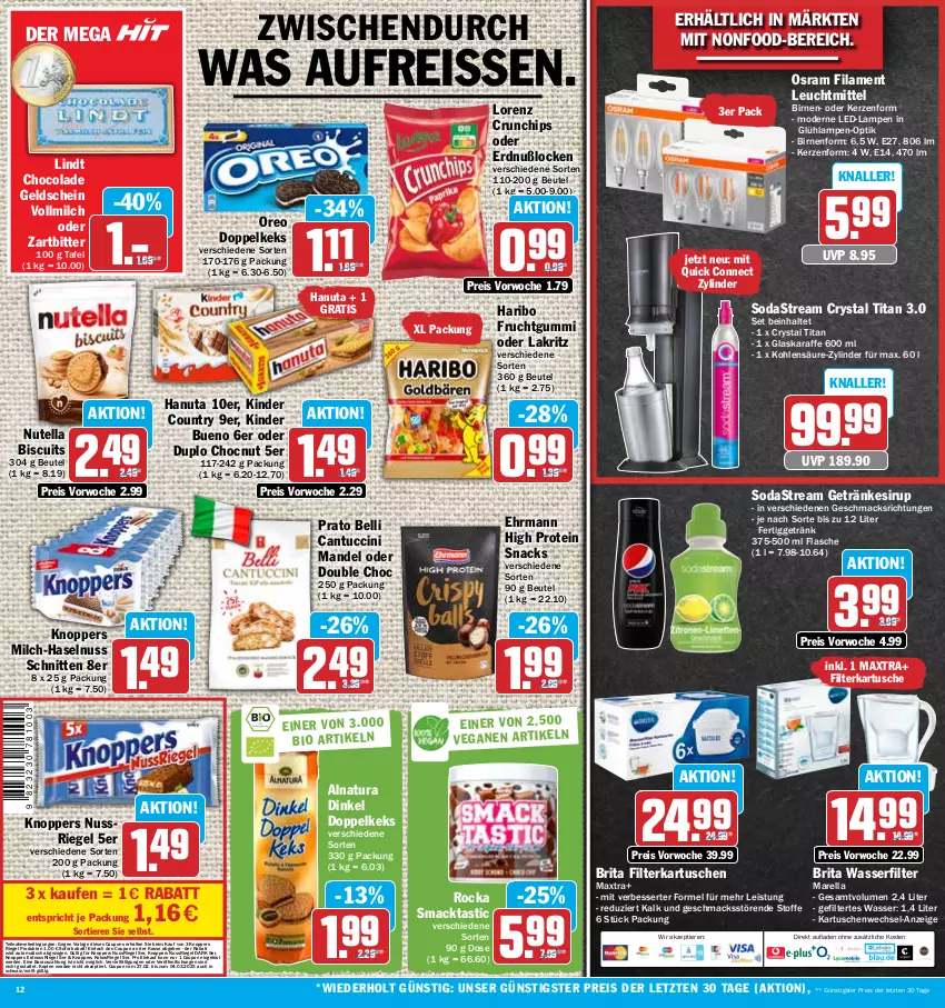 Aktueller Prospekt Hit - Prospekte - von 27.02 bis 04.03.2023 - strona 12 - produkty: asti, auto, beutel, Birnen, brita, cantuccini, chips, cin, cola, coupon, coupons, crunchips, duplo, ehrmann, eis, erde, erdnuss, filterkartuschen, flasche, frucht, fruchtgummi, getränk, getränke, getränkesirup, glaskaraffe, hanuta, haribo, haselnuss, Karaffe, keks, kerze, Kinder, kinder bueno, kinder country, knoppers, kokos, Lakritz, Lampe, leuchtmittel, lindt, lorenz, lorenz crunchips, mac, mandel, Maxtra, milch, Mode, natur, natura, nuss, nussriegel, nutella, oder lakritz, oreo, Osram, reis, reiss, rel, riegel, schnitten, sirup, snack, snacks, Soda, sodastream, sofortrabatt, Ti, Tiere, tisch, tuc, vollmilch, wasser, wasserfilter, wasserfilter marella, ZTE