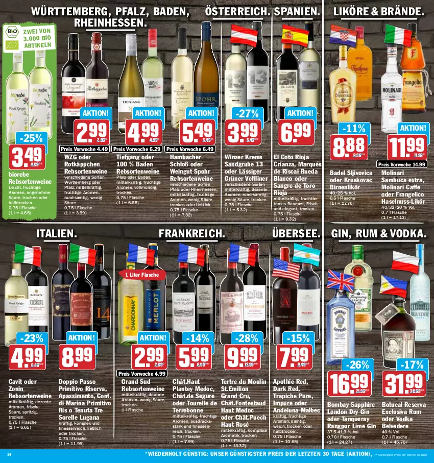 Aktueller Prospekt Hit - Prospekte - von 27.02 bis 04.03.2023 - strona 14 - produkty: Bad, bio, Birnen, bombay sapphire, caffe, doppio passo, dry gin, eis, elle, ente, finesse, flasche, frangelico, frucht, gin, grand sud, grüner veltliner, haselnuss, likör, lion, london dry, london dry gin, Molinari, nuss, passo, primitivo, rebsortenweine, reis, rel, Ria, rioja, riserva, rotkäppchen, rum, sambuca, sapphire, sim, Tanqueray, Ti, tuc, vodka, wein, weine, zonin, ZTE