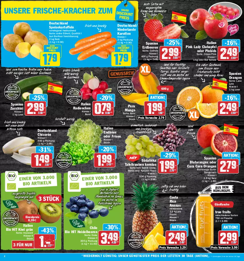 Aktueller Prospekt Hit - Prospekte - von 27.02 bis 04.03.2023 - strona 2 - produkty: ananas, apfel, auer, aus dem kühlregal, beere, beeren, berliner, bio, bio hit, Blutorange, braten, curry, discount, eis, erdbeere, erdbeeren, flasche, fleisch, frucht, früchte, fruchtfleisch, glasflasche, heidelbeere, heidelbeeren, joghur, joghurt, karotten, kartoffel, kartoffeln, kiwi, kracher, kuchen, kühlregal, kühlschrank, mac, mango, nuss, obst, orange, orangen, Pfannkuchen, Pink Lady, radieschen, regal, reis, saft, salat, salate, Schal, Schale, Schrank, smoothie, smoothies, speisekartoffeln, tafeltrauben, Ti, tisch, trauben, true fruits, ZTE, zucchini, zucker