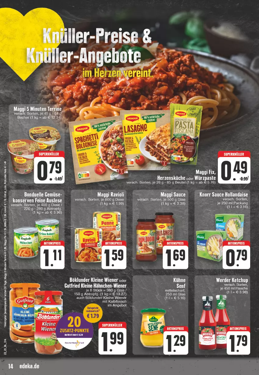 Aktueller Prospekt Edeka - Angebote der Woche - von 29.05 bis 03.06.2023 - strona 14 - produkty: aktionspreis, angebot, beutel, böklunder, eier, eis, fleisch, gutfried, hollandaise, Kalbfleisch, kitkat, küche, leine, lion, maggi, maggi fix, mit kalbfleisch, ravioli, reis, sauce, sauce hollandaise, terrine, Ti, wiener