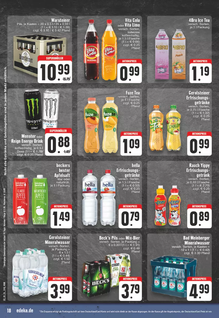 Aktueller Prospekt Edeka - Angebote der Woche - von 29.05 bis 03.06.2023 - strona 18 - produkty: aktionspreis, Alwa, angebot, angebotspreis, Bad, Berger, cola, deutschlandcard, eis, flasche, fuze tea, getränk, getränke, hella, LG, mineralwasser, monster, pils, Rauch, reis, rel, steiner, tee, Ti, vita, Vita C, warsteiner, wasser, ZTE