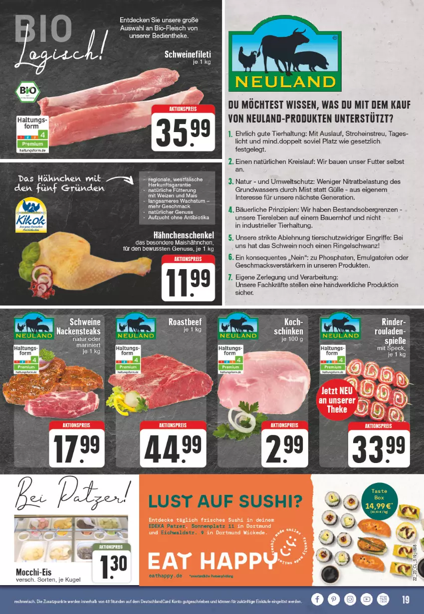 Aktueller Prospekt Edeka - Angebote der Woche - von 29.05 bis 03.06.2023 - strona 19 - produkty: aktionspreis, auer, Bau, Bauer, bio, decke, eis, elle, ente, fleisch, hähnchenschenkel, henkel, Kugel, LG, mac, mais, Nackensteak, nackensteaks, natur, nuss, reis, rel, ring, rouladen, schenkel, schinken, schwein, steak, steaks, Sushi, Ti, Tiere, wasser, wein, WICK