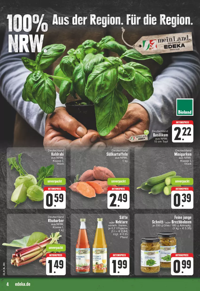 Aktueller Prospekt Edeka - Angebote der Woche - von 29.05 bis 03.06.2023 - strona 4 - produkty: aktionspreis, basilikum, bio, bioland, eis, gurke, gurken, kohlrabi, reis, rhabarber, Ti, topf