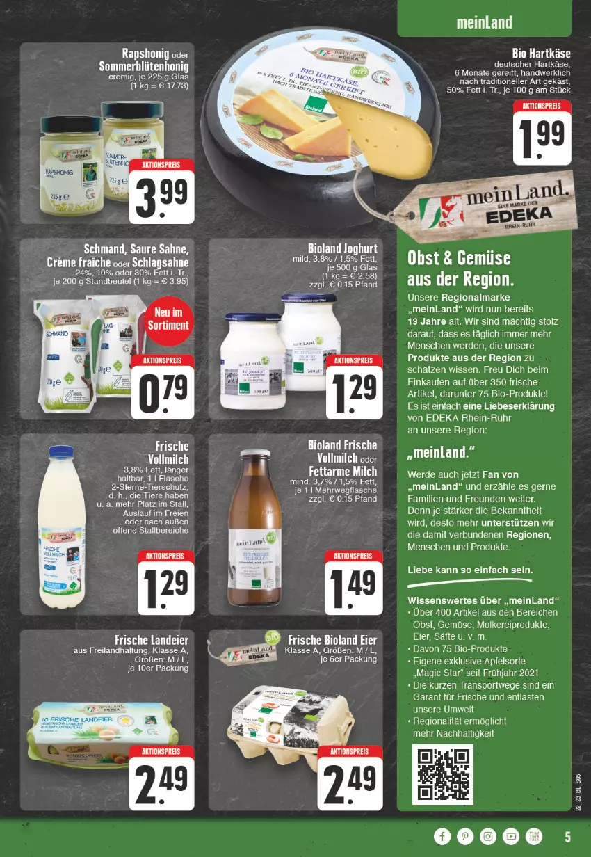 Aktueller Prospekt Edeka - Angebote der Woche - von 29.05 bis 03.06.2023 - strona 5 - produkty: aktionspreis, apfel, beutel, bio, bioland, Blüte, blütenhonig, creme, eier, eis, elle, erde, flasche, hartkäse, honig, joghur, joghurt, joghurt mild, Käse, milch, molkereiprodukte, obst, reis, rwe, sahne, schlagsahne, schmand, Sport, Ti, Tiere, vollmilch