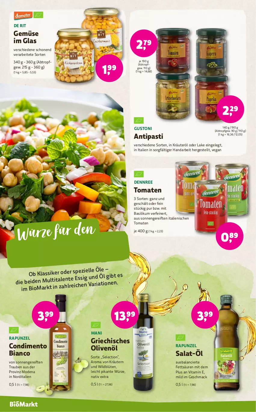 Aktueller Prospekt Denns Biomarkt - von 03.07 bis 16.07.2024 - strona 10 - produkty: antipasti, asti, basilikum, bio, Blüte, condimento, Condimento Bianco, dennree, elle, essig, kräuter, kräutern, mac, Mode, olive, oliven, olivenöl, Ria, salat, Spezi, Ti, tomate, tomaten, trauben, usb, vita, Wild